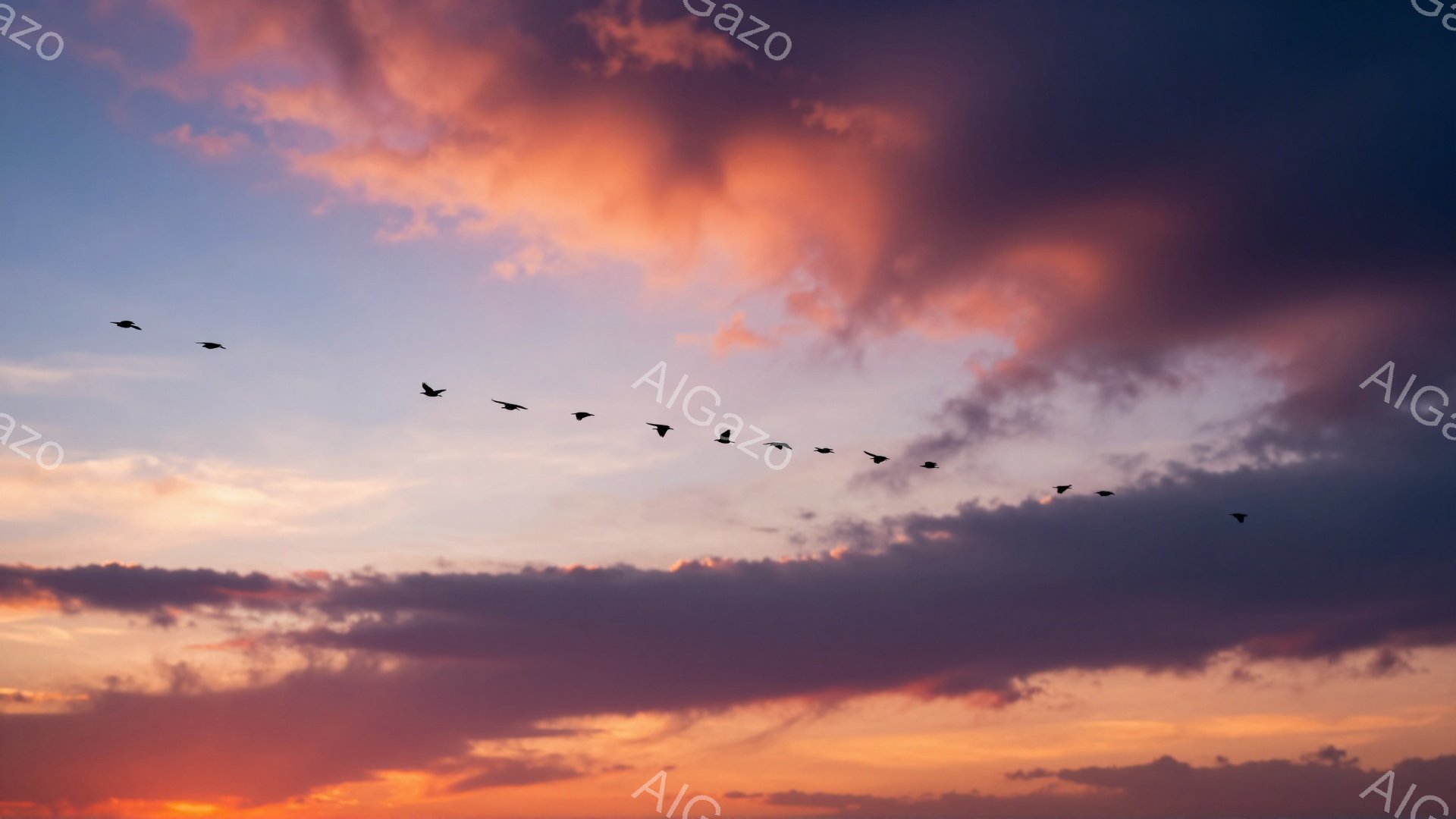 夕焼け空をV字型に飛ぶ鳥たちの群れが印象的な風景です。空はオレンジ、ピンク、紫の色合いが混ざり合い、幻想的な雰囲気を醸し出しています。雲の形が独特で、まるで燃え盛る炎のようにも見えます。