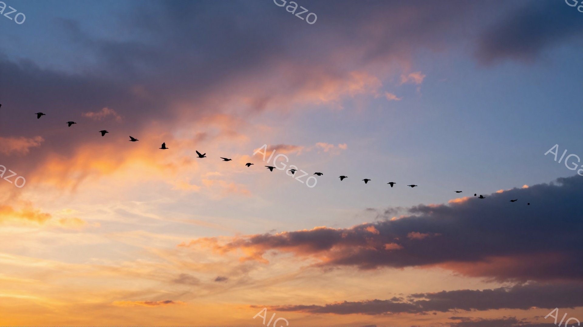 空は夕焼けでオレンジと紫の色合いが美しく、鳥たちが隊列をなして飛んでいる。雲が幻想的な模様を作り出し、平和で穏やかな雰囲気を醸し出している。夕暮れ時の空と鳥たちのコントラストが印象的だ。 - AI生成フリー素材