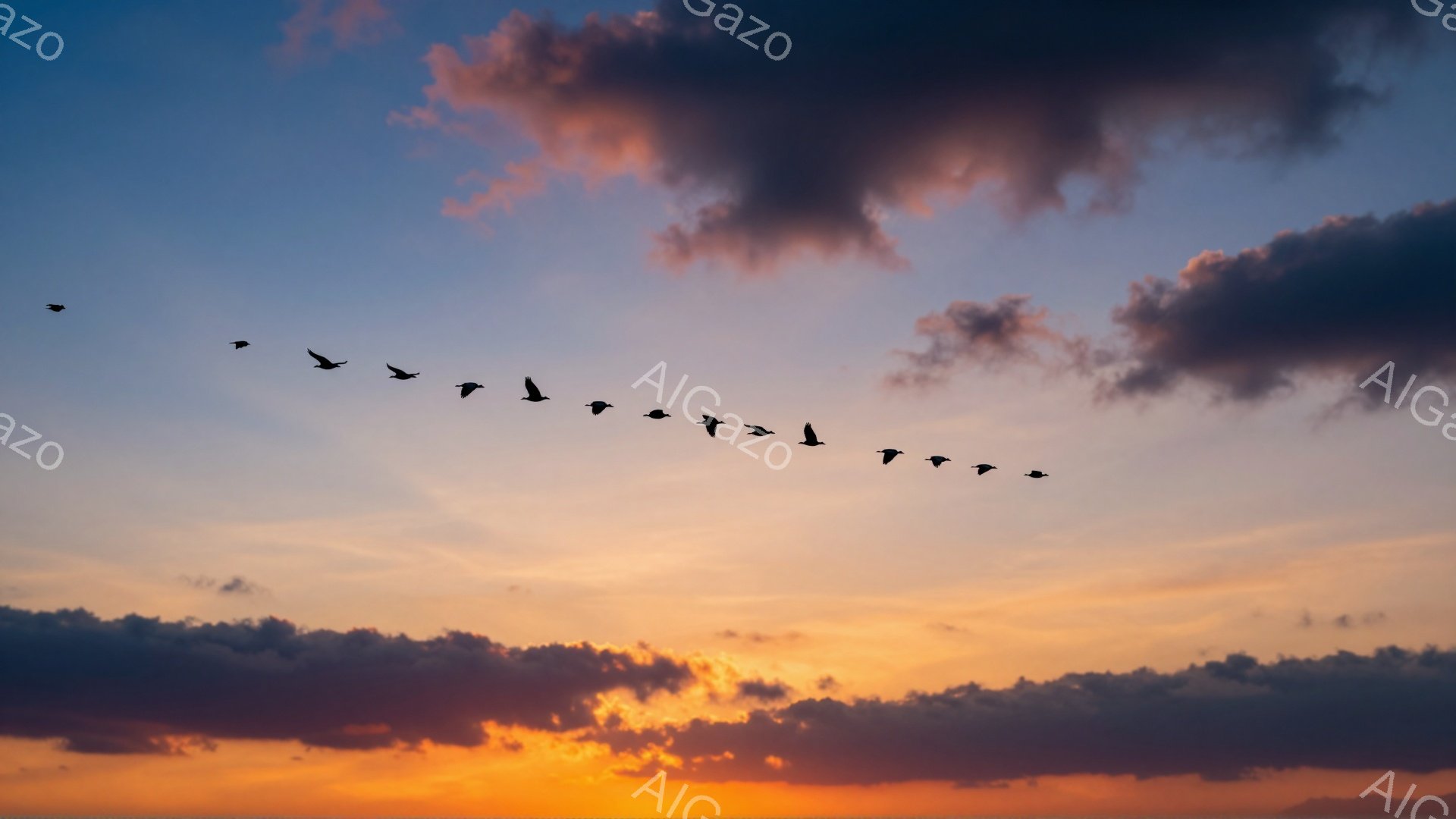 夕焼け空をV字型に飛ぶ鳥たちの群れが印象的な光景です。オレンジと紫色のグラデーションが美しく、穏やかで平和な雰囲気を醸し出しています。雲の形も独特で、空全体がまるで絵画のようです。