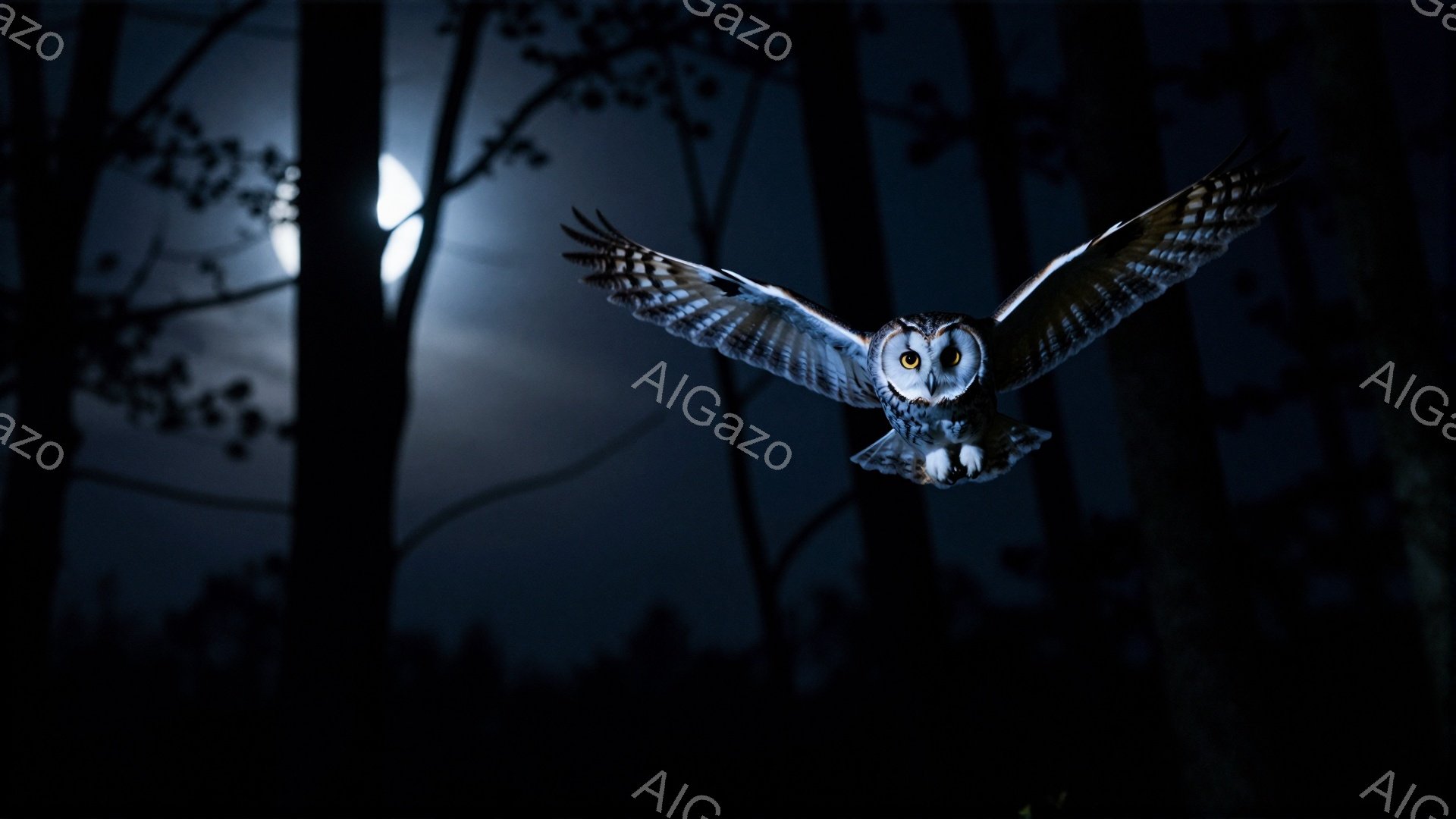 夜の森の中で、大きなフクロウが翼を広げて飛んでいる。月明かりがフクロウを照らし、その羽の美しい模様が際立っている。暗い木々と明るい月のコントラストが、神秘的な雰囲気を醸し出している。