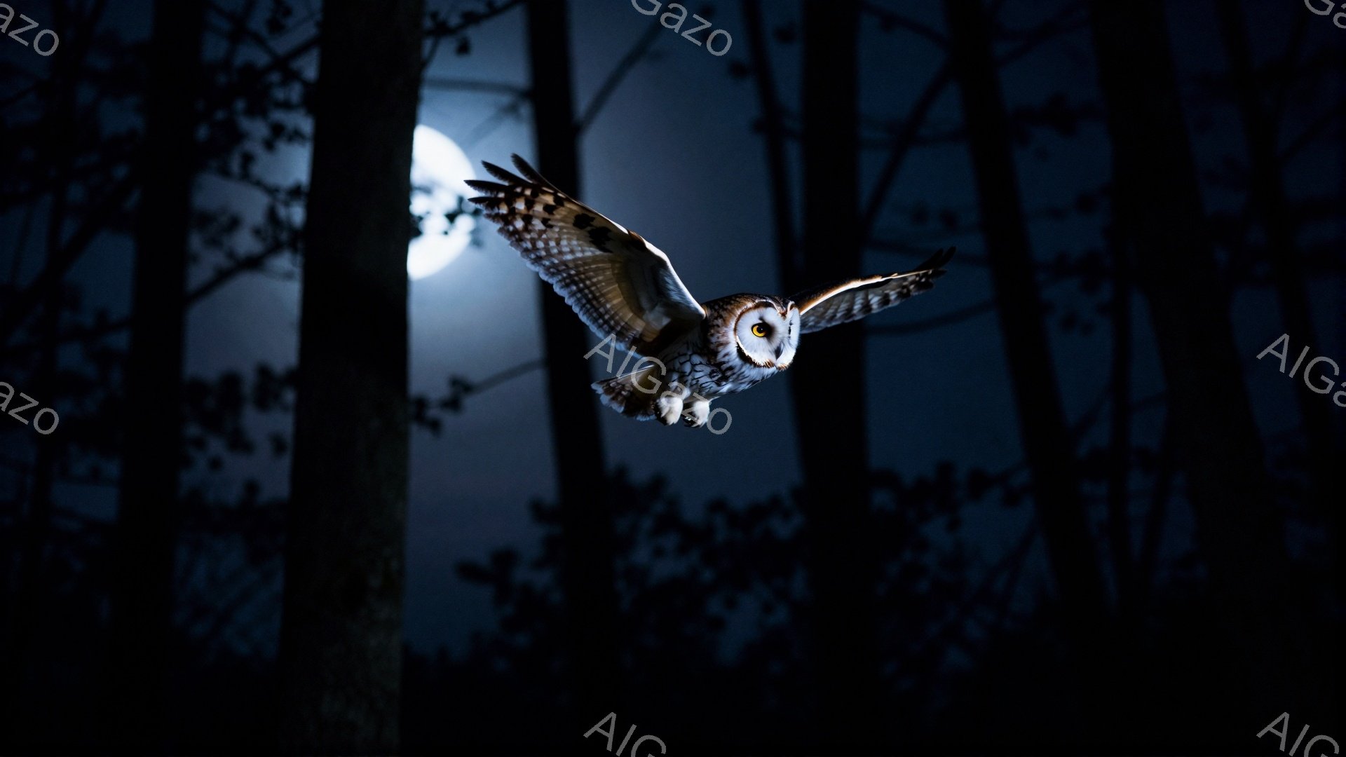 暗い森の中で、大きなフクロウが月明かりの下を飛んでいる。その羽は広げられ、暗闇の中にシルエットが浮かび上がり、静かで神秘的な雰囲気を醸し出している。月は明るく輝き、森全体を淡い光で包み込んでいる。