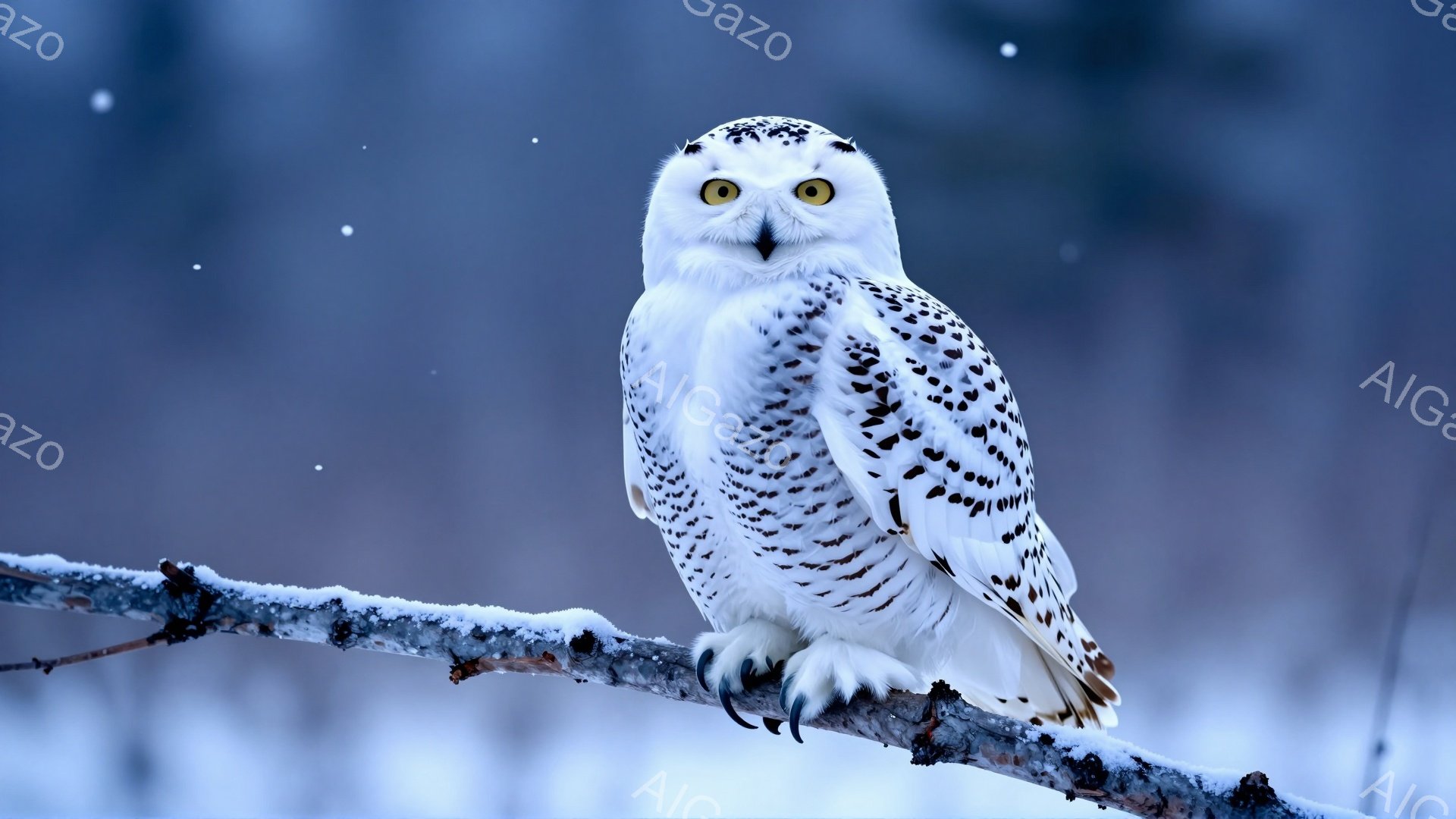白い雪フクロウが雪に覆われた木の枝にとまっており、鋭い目でこちらを見ている。背景はぼやけた冬景色で、雪片が舞っている様子が捉えられている。静かで神秘的な雰囲気が漂う、冬の自然の美しい瞬間だ。