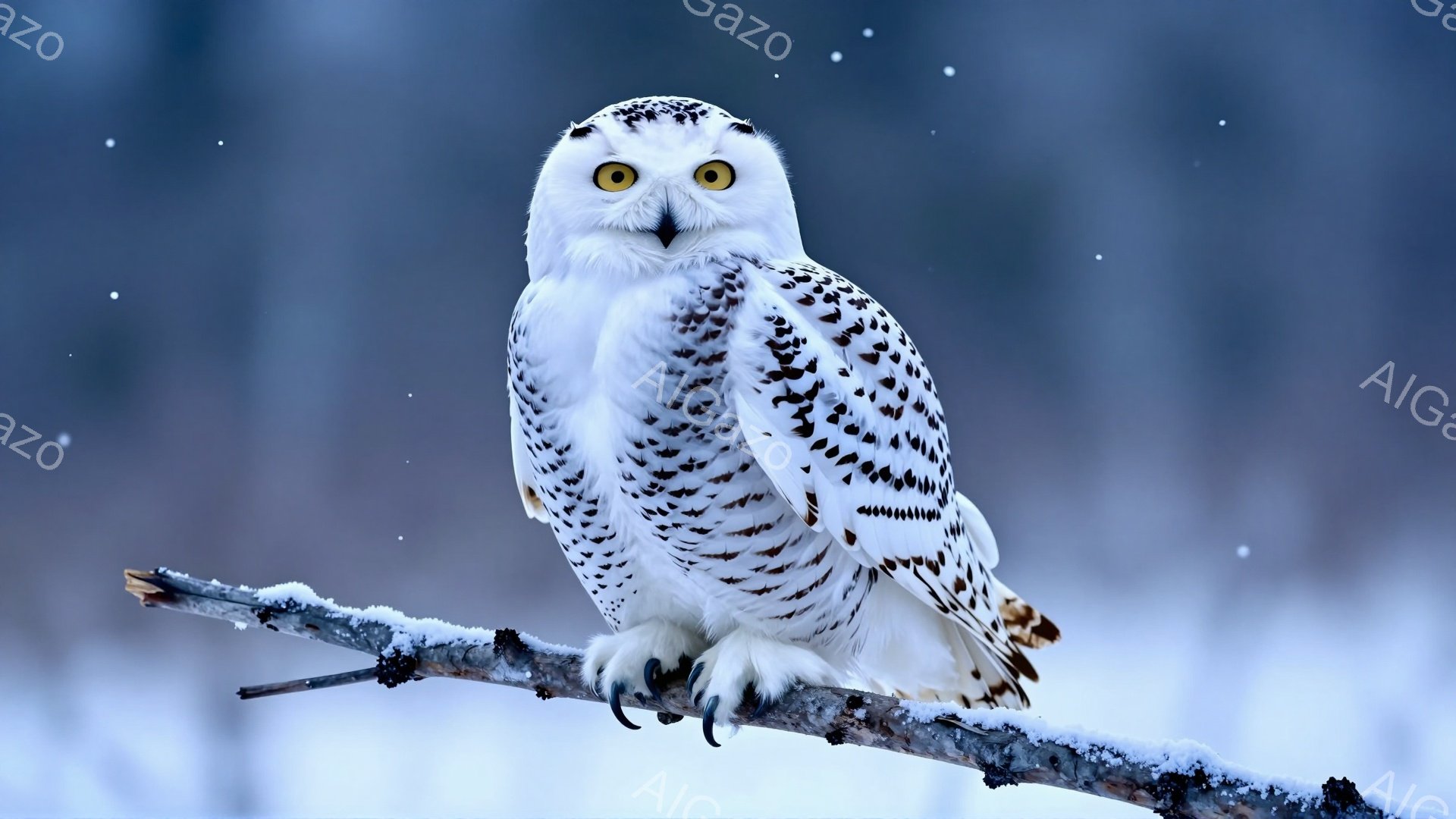 雪が舞う冬の森の中で、白いフクロウが雪に覆われた枝にとまっている。鋭い眼差しと白い羽が印象的で、凛とした雰囲気を醸し出している。背景はぼやけており、フクロウが際立っている。