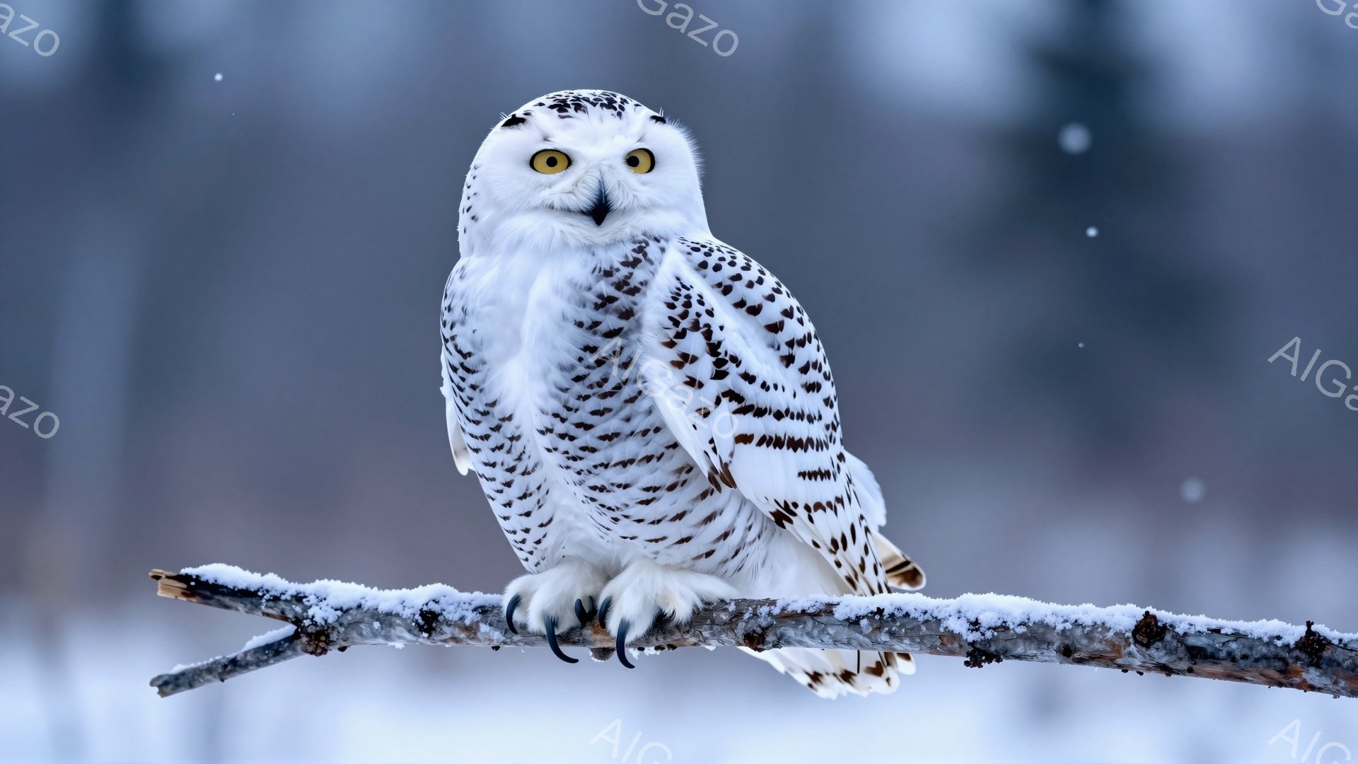 白い雪の背景に、大きなフクロウが木の枝にとまっている。フクロウは雪に覆われた枝にしっかりと掴まり、鋭い目でこちらを見ている。冬の静かで厳かな雰囲気が漂う。