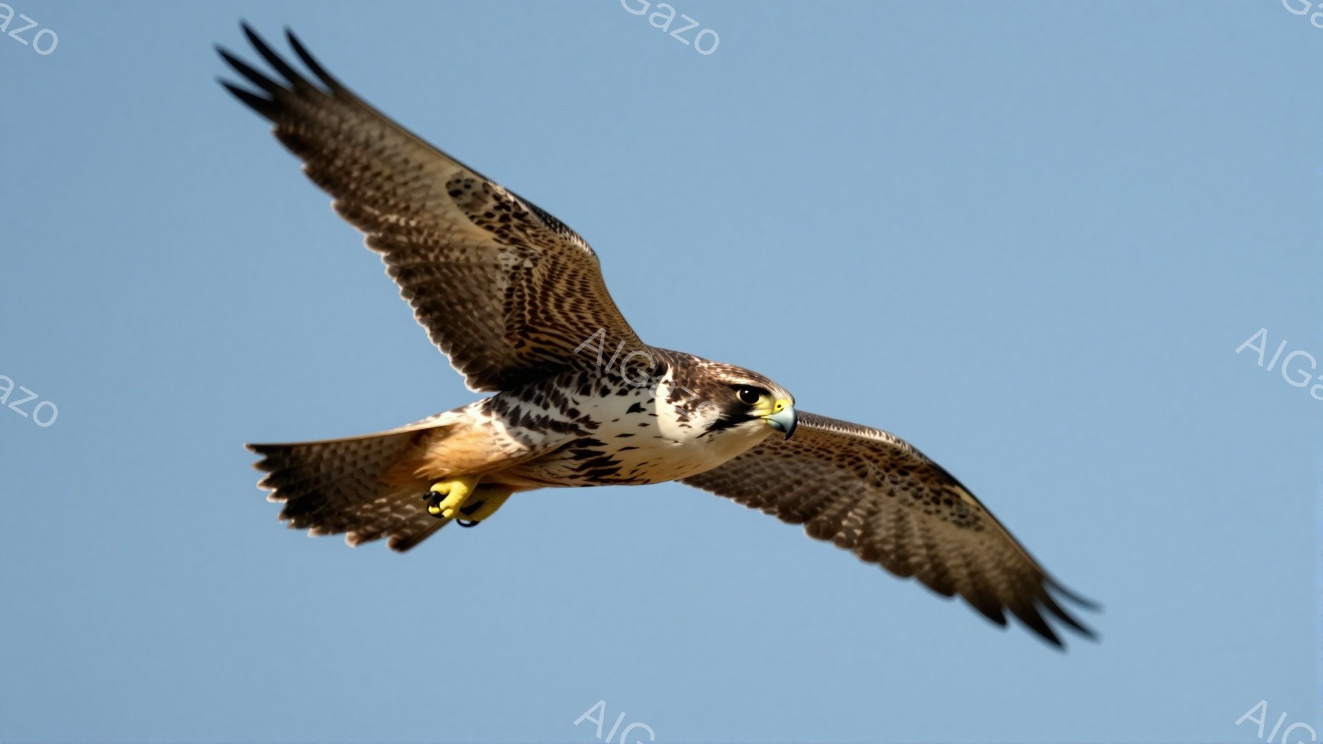 猛禽類が青空を背景に翼を広げて飛んでいる。鮮やかなオレンジ色の脚と、黒と白のコントラストが印象的な羽毛が特徴的だ。背景は空が広がり、鳥の力強く優雅な飛行が際立っている。