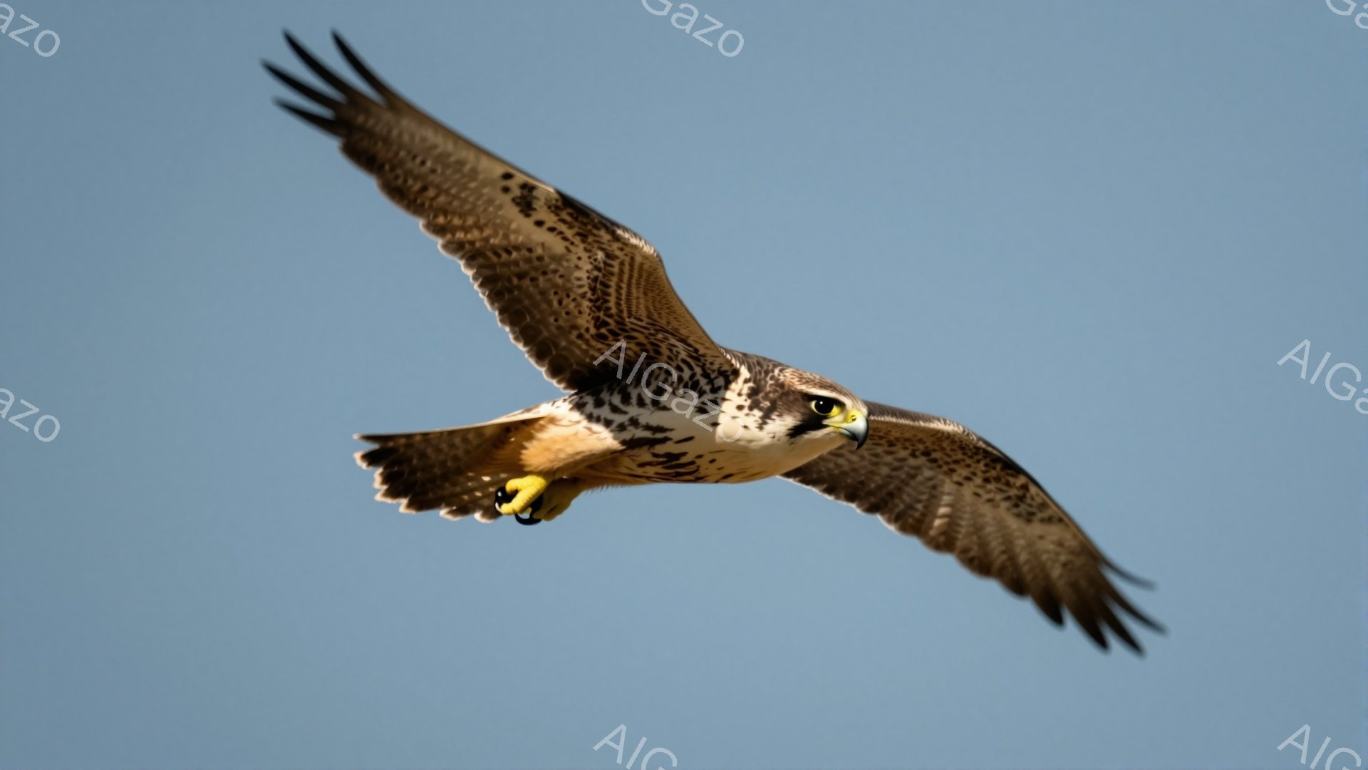 空を飛ぶ猛禽類の美しい瞬間が捉えられています。翼を広げ、鋭い眼光で獲物を探す姿は力強く、鮮やかな羽の色が印象的です。背景は青空で、鳥のシルエットが際立っています。