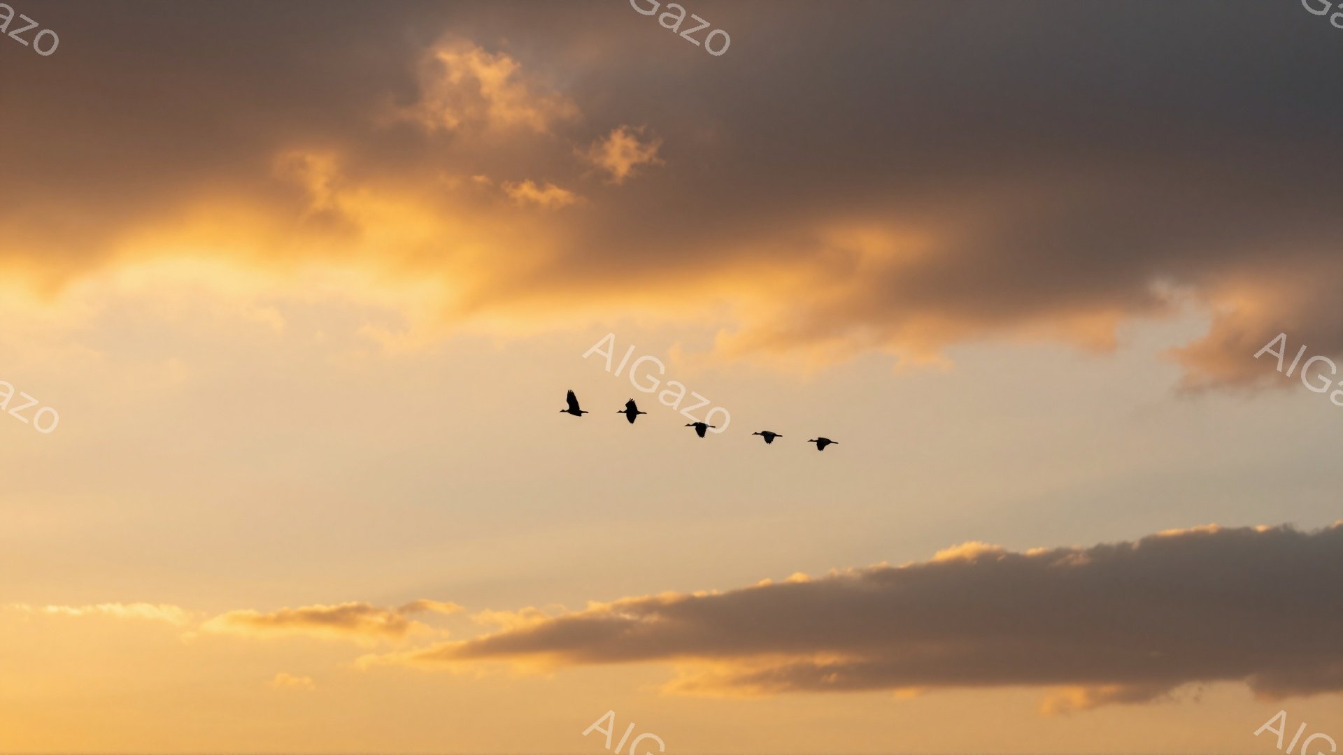 夕焼け空を飛ぶ鳥たちのシルエットが印象的な風景です。暖色系の空と鳥の黒い影が対比的で、穏やかで美しい雰囲気を醸し出しています。雲の流れと鳥の飛行軌跡が、自由で希望に満ちた情景を描き出しています。