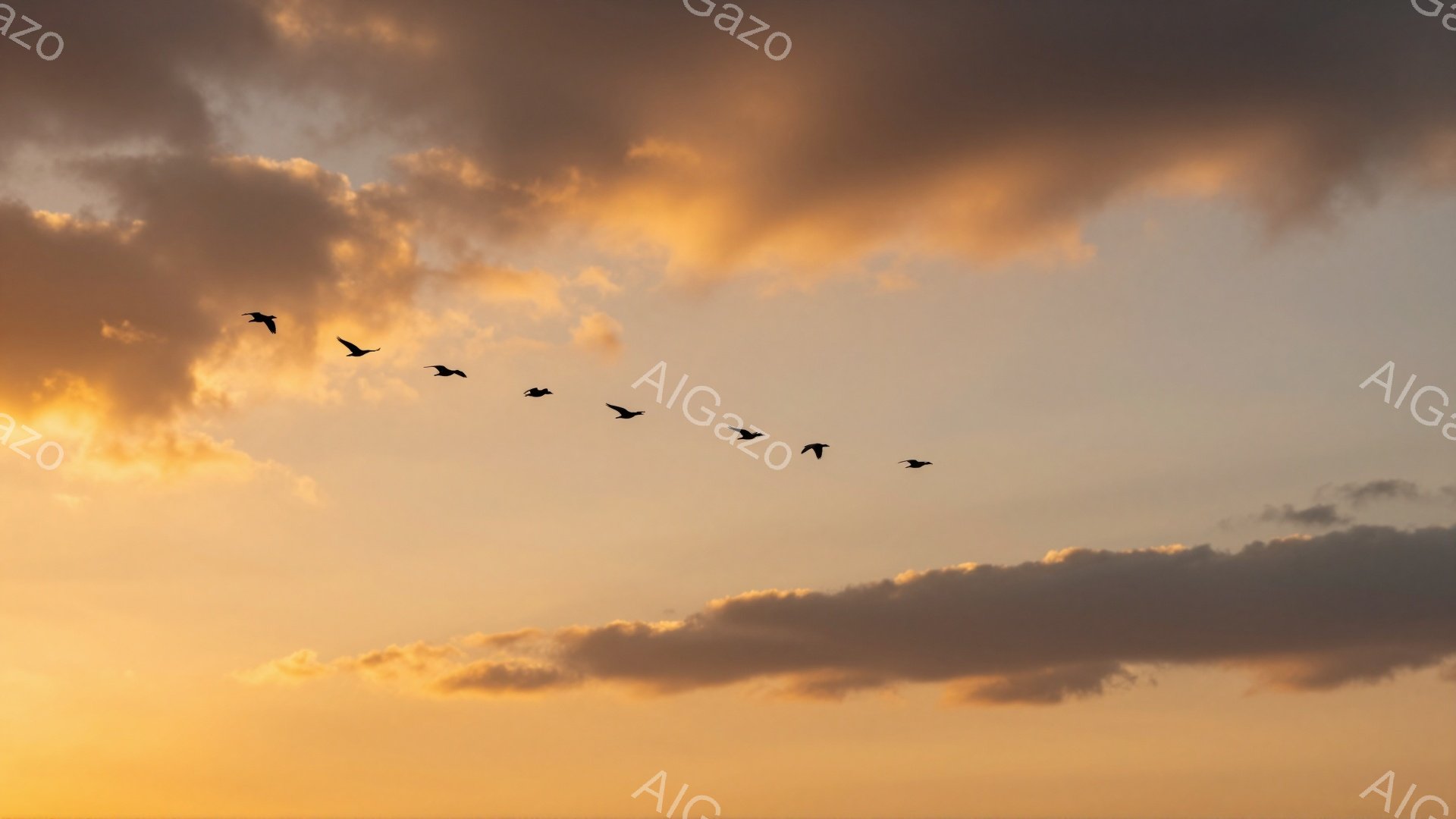 夕焼け空を鳥たちが飛んでいる。オレンジ色と紫色のグラデーションが美しく、穏やかな雰囲気を醸し出している。雲の形も独特で、まるで絵画のような光景だ。