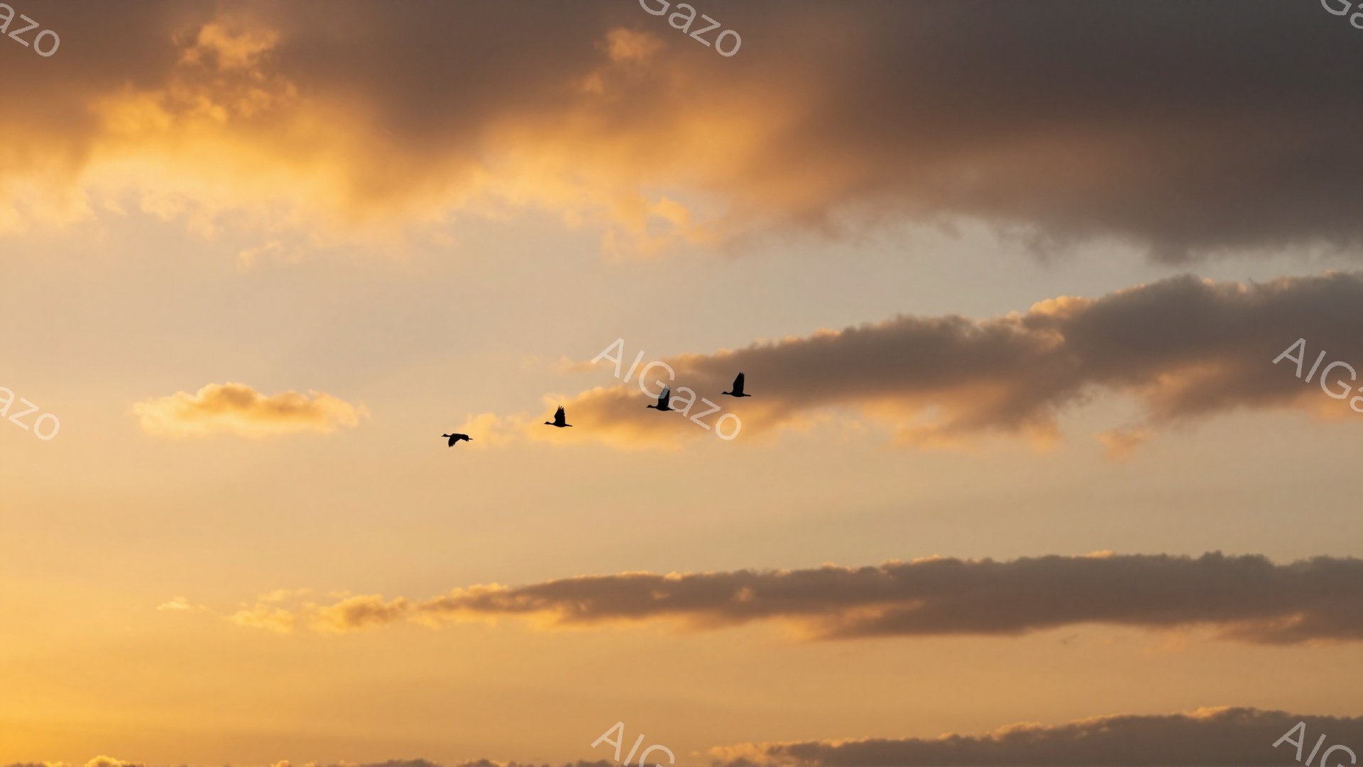 夕焼け空を鳥たちが飛んでいる。空はオレンジ色とベージュ色で染まっており、雲の形が印象的だ。穏やかで静謐な雰囲気を感じさせる空景色である。