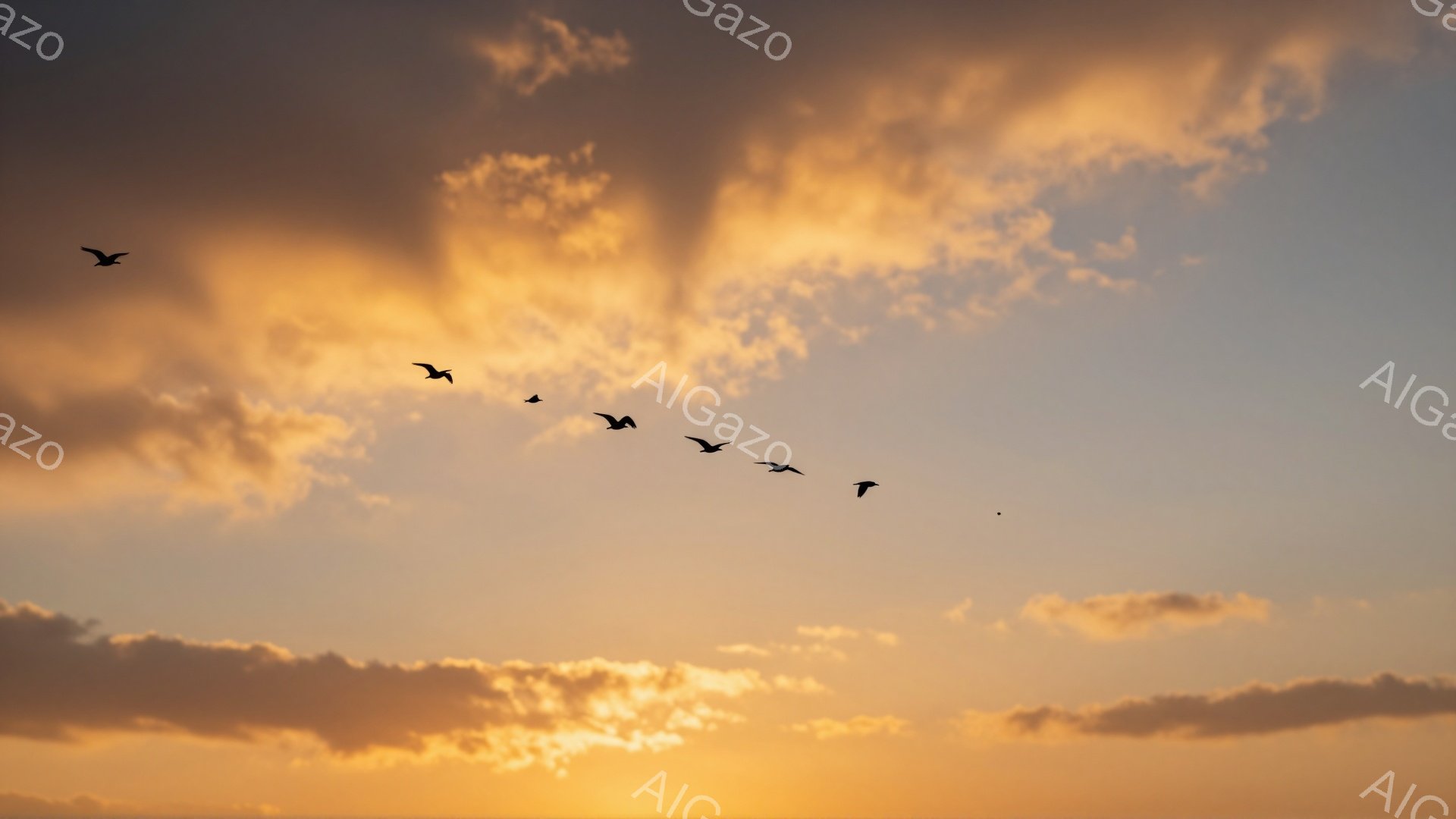 夕焼け空を、鳥たちが隊列をなして飛んでいる。オレンジと黄色が混ざり合った空は、穏やかで温かい雰囲気を醸し出している。雲の形が幻想的で、まるで絵画のような美しさだ。