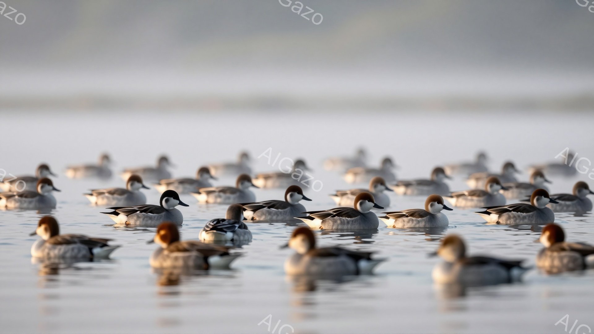 穏やかな水面を覆うカモの群れが、静寂な冬の風景を創り出している。カモたちは一様に前方を向いており、水面との境目が薄れて幻想的な雰囲気を醸し出している。淡い光が水面に反射し、全体的に柔らかな色調で統一さ - AI生成フリー素材