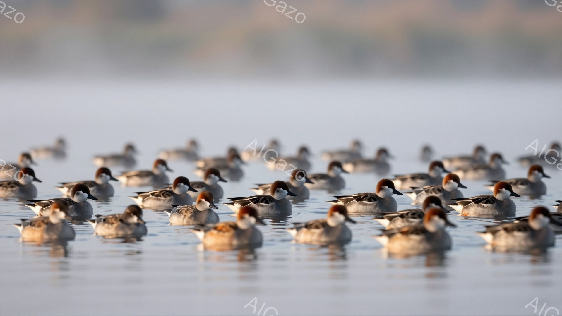 水面を覆うようにマガモが密集して浮かんでいます。穏やかな水面が光を反射し、静かで平和な雰囲気が漂います。鳥たちのオレンジ色の頭部が鮮やかで、水面とのコントラストが美しいです。