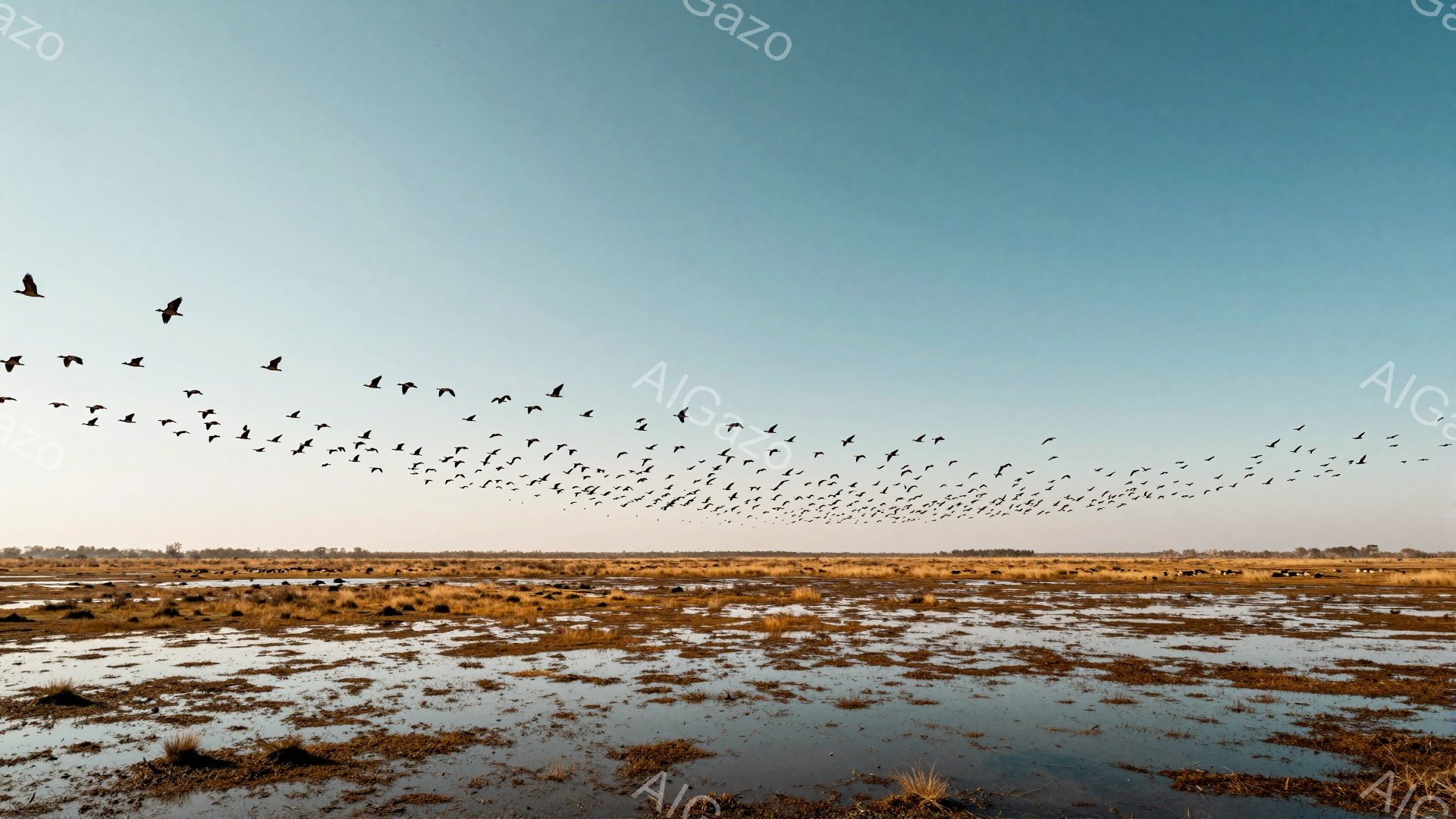 広大な湿地帯を、V字編隊で飛ぶ鳥たちの群れが彩っている。水面は穏やかに光り、遠くの地平線まで視線が伸びる。静寂の中、自然の雄大さを感じさせる風景だ。 - AI生成フリー素材