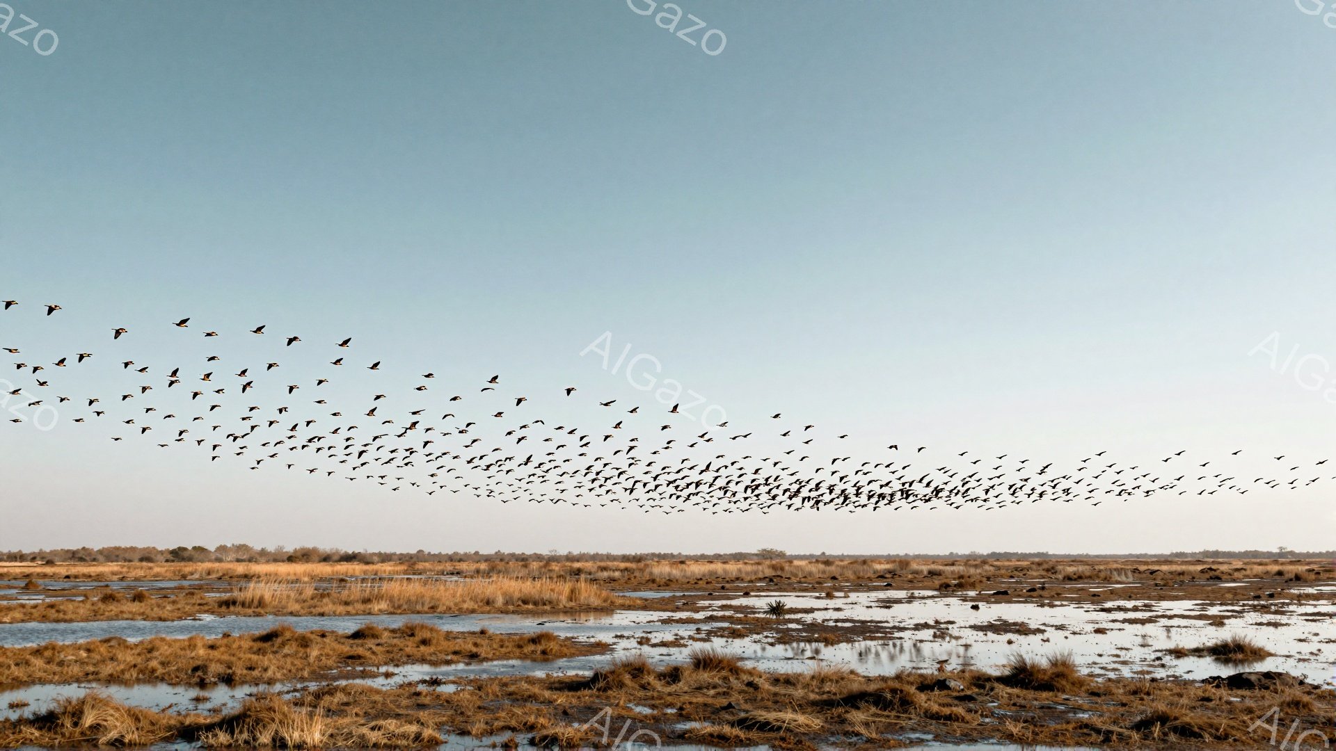 広大な湿地帯を群れ飛ぶ鳥たちが印象的な風景です。地平線まで続く茶色の草むらと水面が、鳥たちの動きをより際立たせています。静かで穏やかな雰囲気の中に、自然の生命力を感じさせます。 - AI生成フリー素材