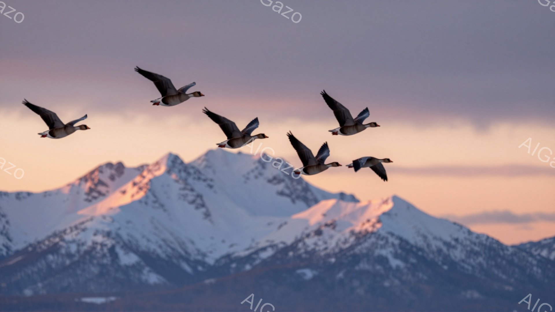雪山を背景に、数羽の鳥が空を飛んでいる。夕焼けのような暖色系の光が山頂を照らし、鳥たちのシルエットが美しいコントラストを生み出している。静かで穏やかな雰囲気が漂う、自然の風景写真である。