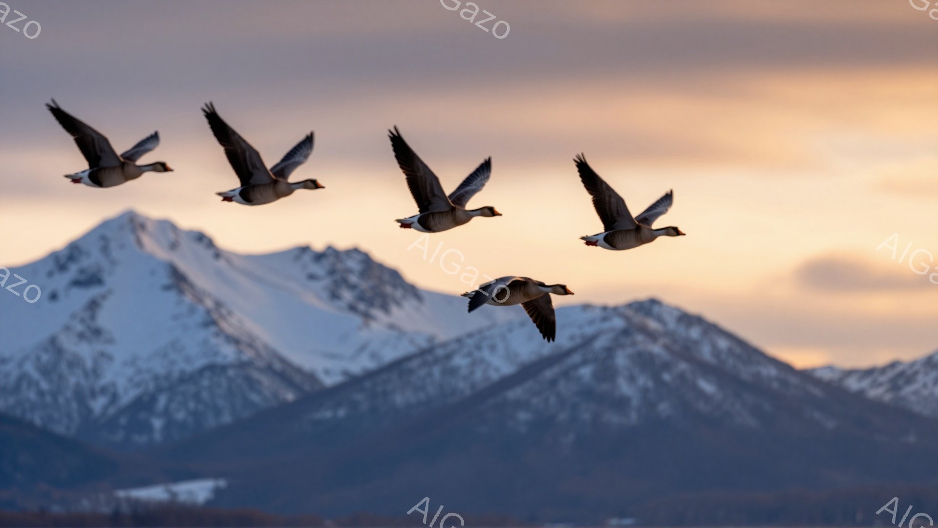 雪山を背景に、一列に並んだ鳥たちが飛んでいる。夕焼け空の色が山肌をオレンジ色に染め、穏やかで幻想的な雰囲気を醸し出している。冬の自然の美しさが際立つ、美しい光景だ。