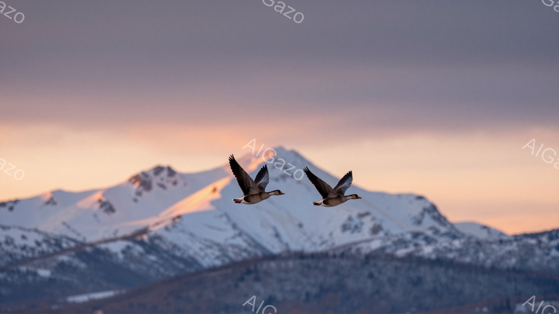 雪山を背景に2羽の鳥が飛んでいる。朝焼けのような空が鳥のシルエットを照らし、静かで穏やかな雰囲気を醸し出している。山々は雪に覆われ、冬の寒さと美しさを感じさせる。