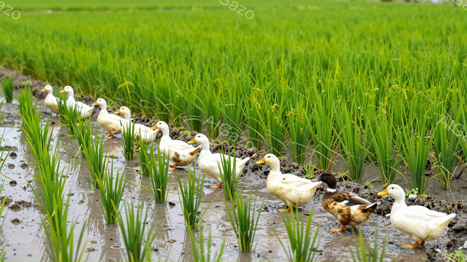 浅い水田の中に、アヒルたちが一列に並んで歩いている。緑色の稲が青々と育ち、泥田が広がり、自然豊かな風景が広がっている。平和で穏やかな雰囲気の農村風景だ。