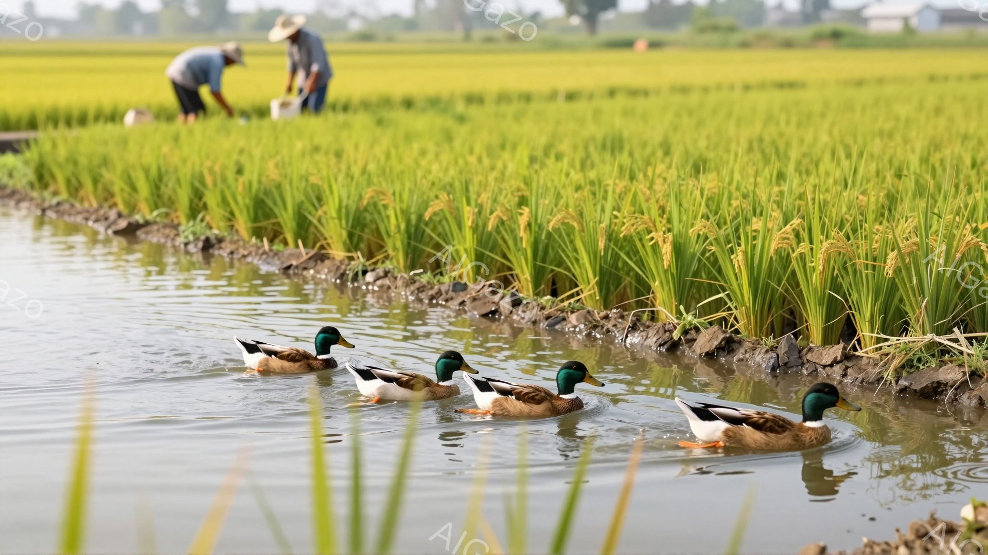 鮮やかな緑色の田んぼをアヒルの行列が泳いでいます。遠方には、麦わら帽子をかぶり、何か作業をしている人物が見えます。穏やかな雰囲気で、日本の田園風景が広がっています。