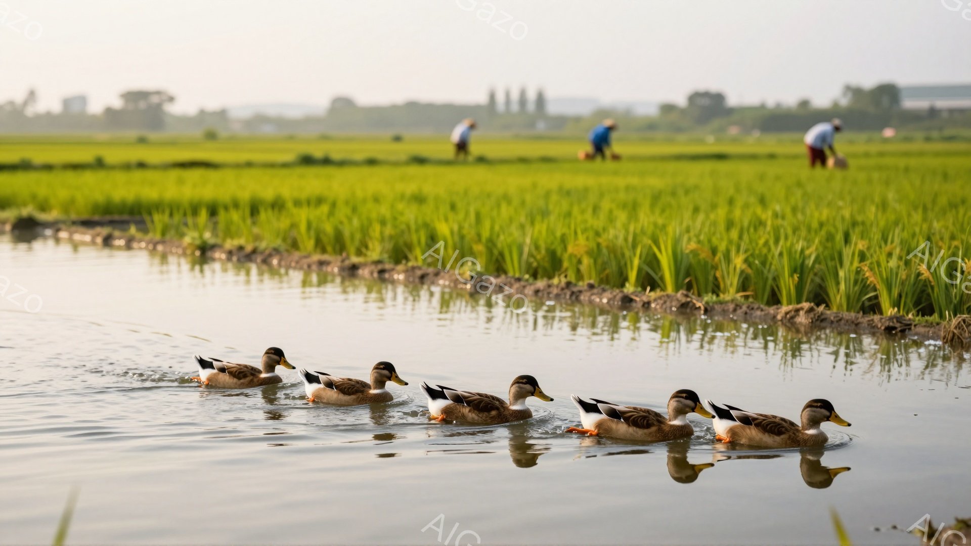 アヒルが水路を整列して泳いでいる。背景には緑豊かな田んぼと、農作業をしている人々の姿が見える。朝の穏やかな光が差し込み、のどかな田園風景が広がっている。 - AI生成フリー素材