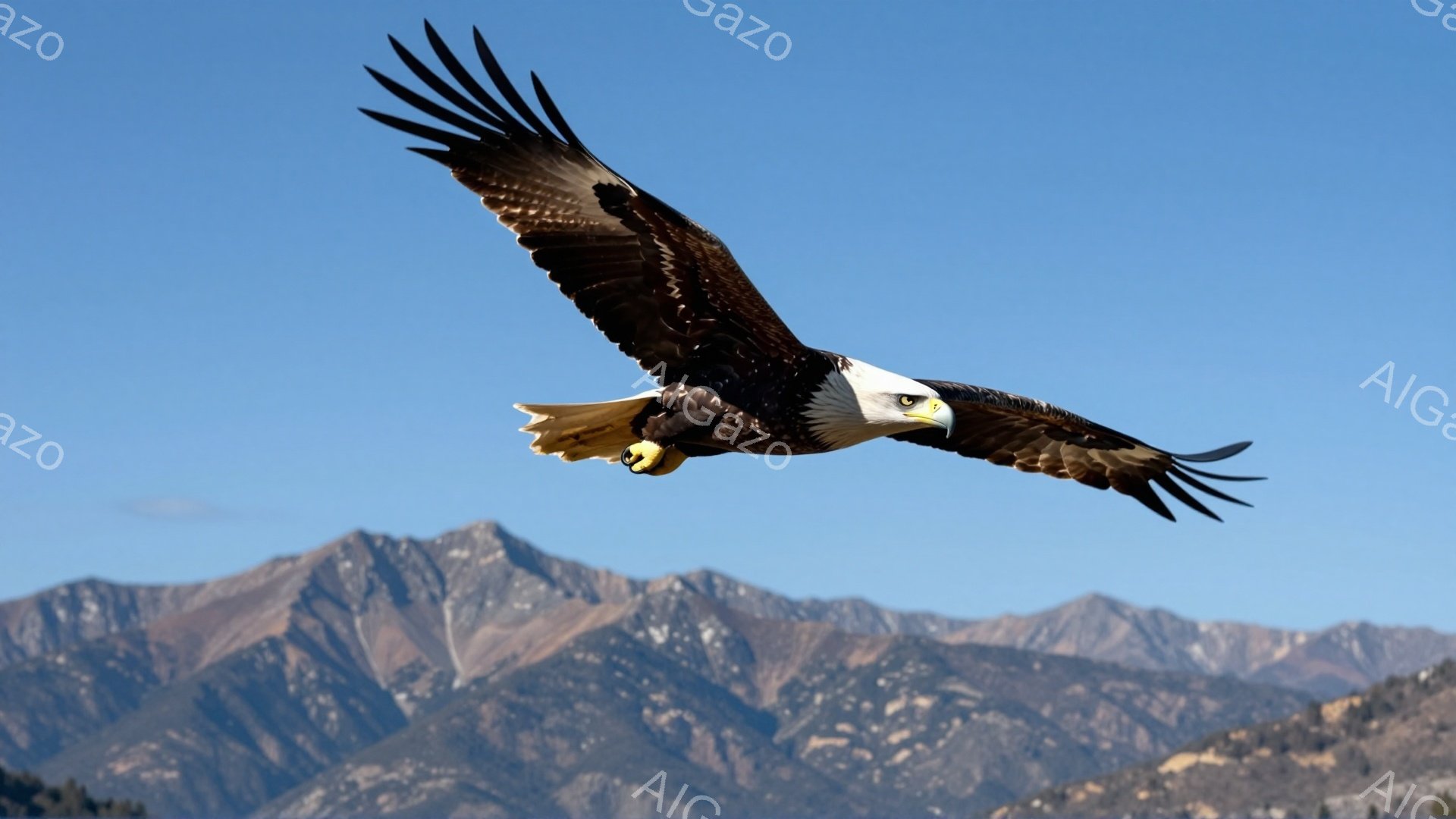 青空を背景に、翼を広げたハゲワシが飛行している。翼は大きく、鮮明なコントラストを描き、力強い飛行の瞬間を捉えている。背景には雪を抱いた山々が広がり、雄大な自然の風景が広がる。