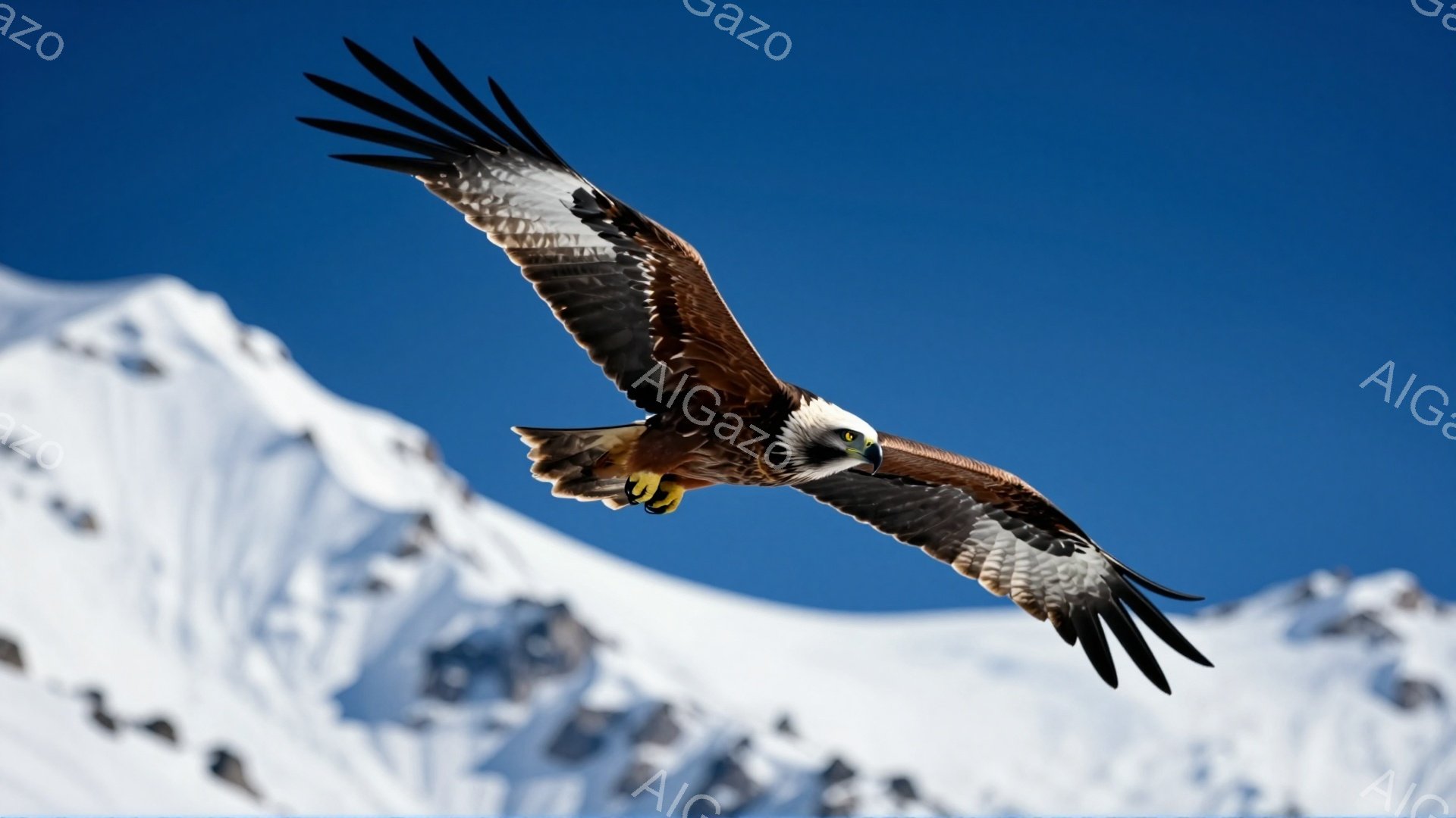 鮮やかな青空を背景に、巨大な翼を広げたワシが力強く飛翔している。雪を頂いた山々が遠くに見え、厳しい冬の自然を感じさせる。ワシの鋭い眼光と、凛々しい姿が印象的だ。