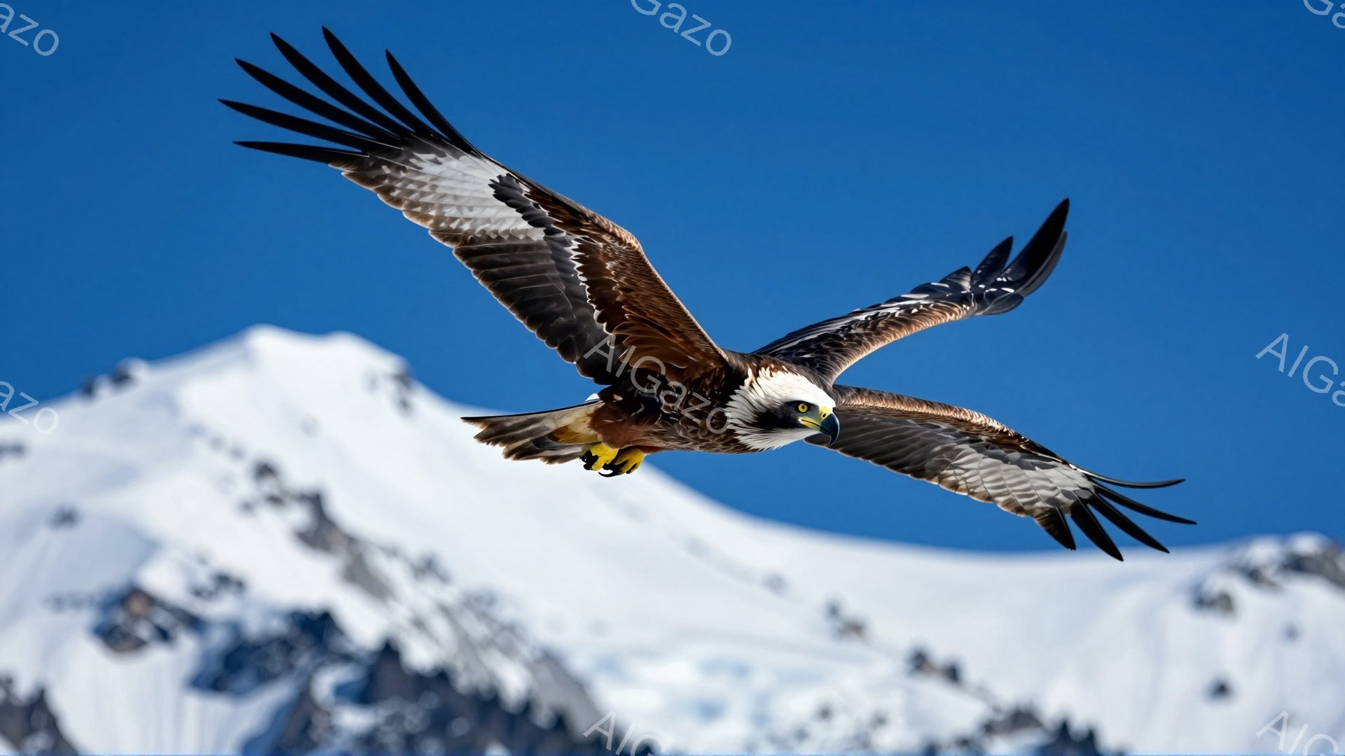 空を飛ぶアメリカワシが写っている。背景には雪をかぶった山々が広がり、青空とのコントラストが美しい。ワシの力強い翼と鋭い眼差しは、自然の威厳を感じさせる。