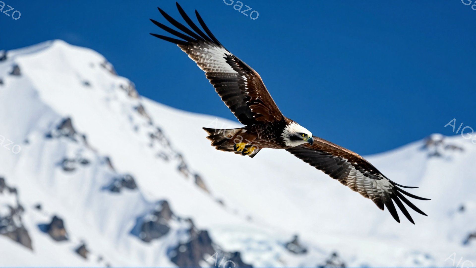 白い山々を背景に、翼を広げたワシが力強く飛んでいる。その姿は鮮明で、翼の模様や鋭い眼差しが捉えられている。青空とのコントラストが際立ち、ワシの野生の力強さを強調している。
