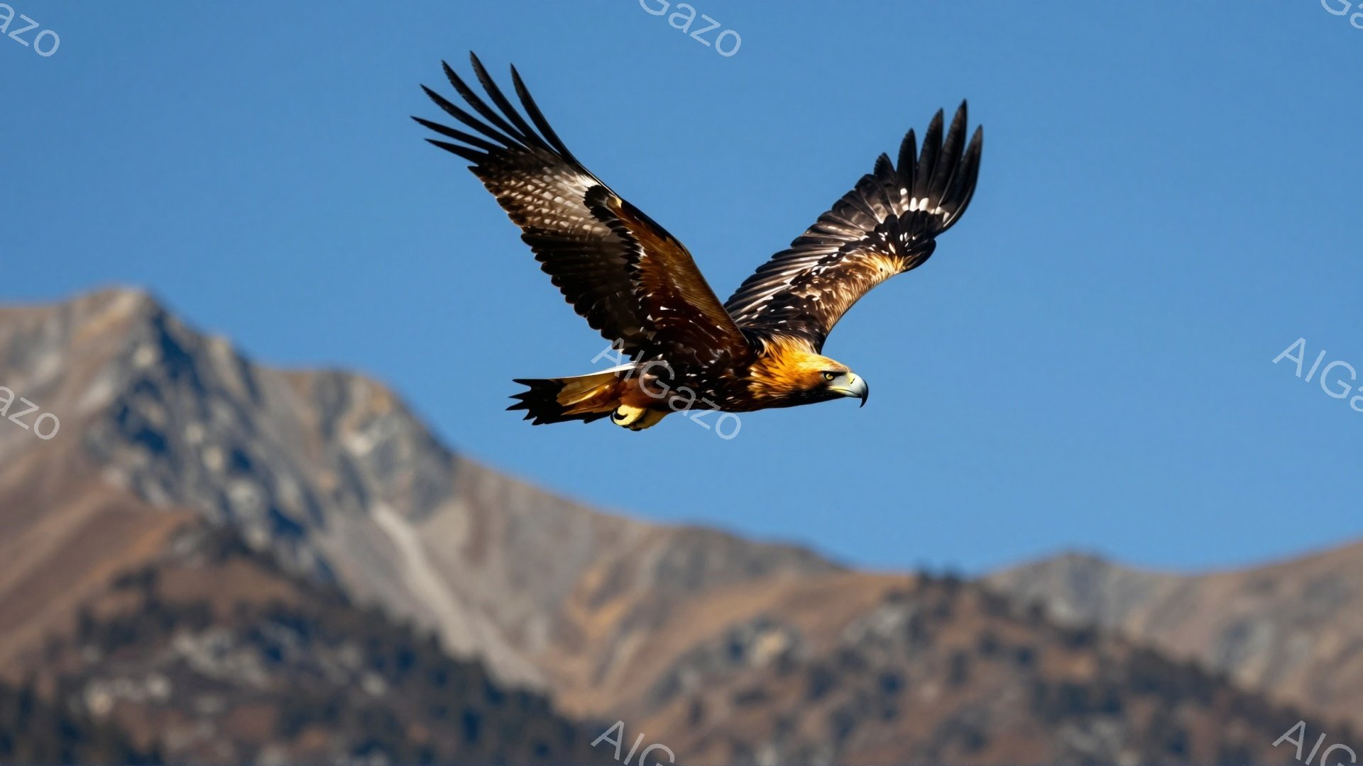 険しい山々を背景に、翼を広げたワシが空を飛んでいる。鮮やかな青空が背景を引き立て、ワシの茶色い羽が力強く映える。大自然の雄大さを感じさせる、迫力のある一枚だ。