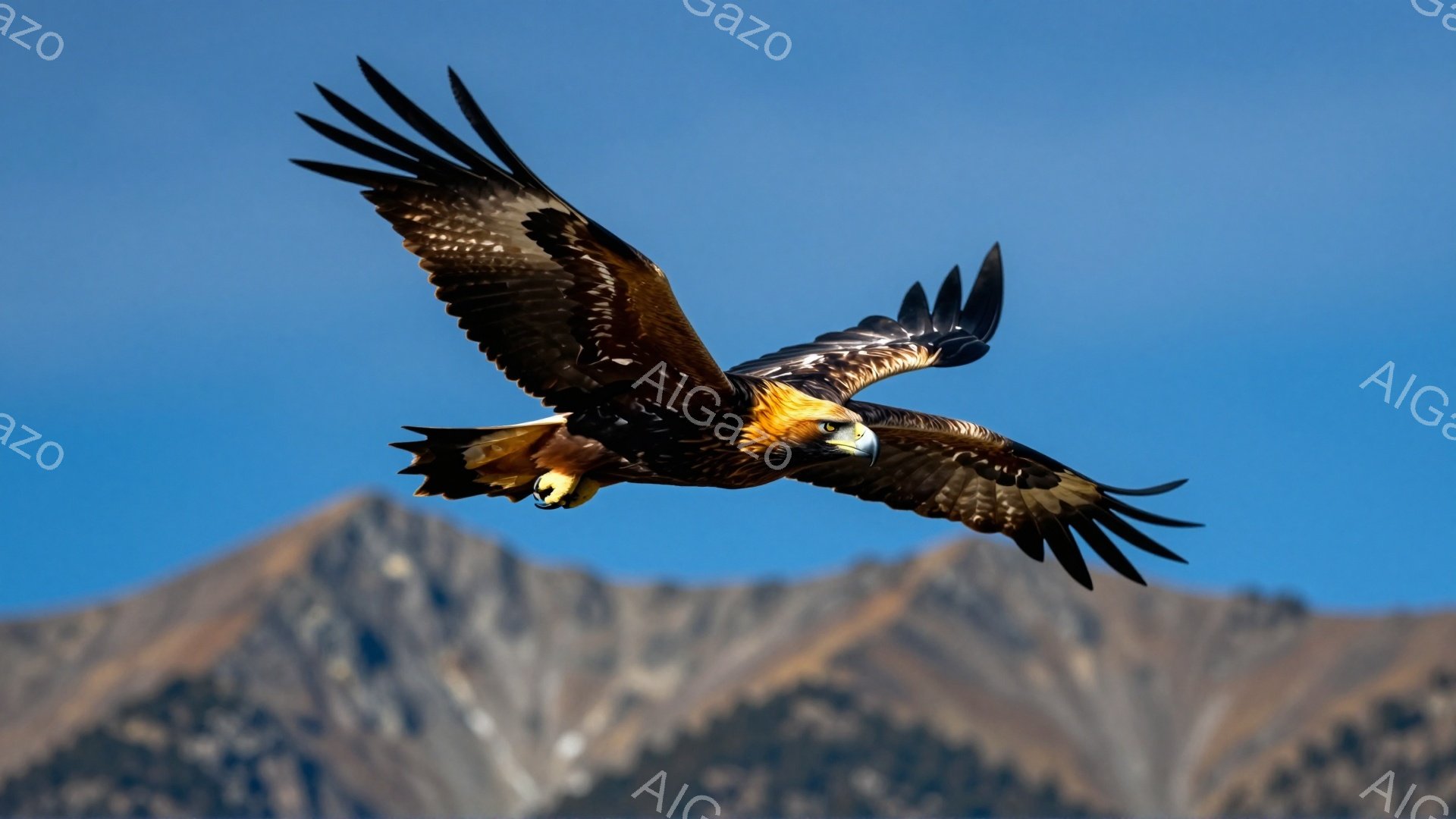 鮮やかな青空を背景に、翼を広げた猛禽類が飛んでいる。茶色と白のコントラストが美しい羽毛は、力強さと優雅さを感じさせる。遠くには雪を頂いた山々が連なり、自然の雄大さを際立たせている。