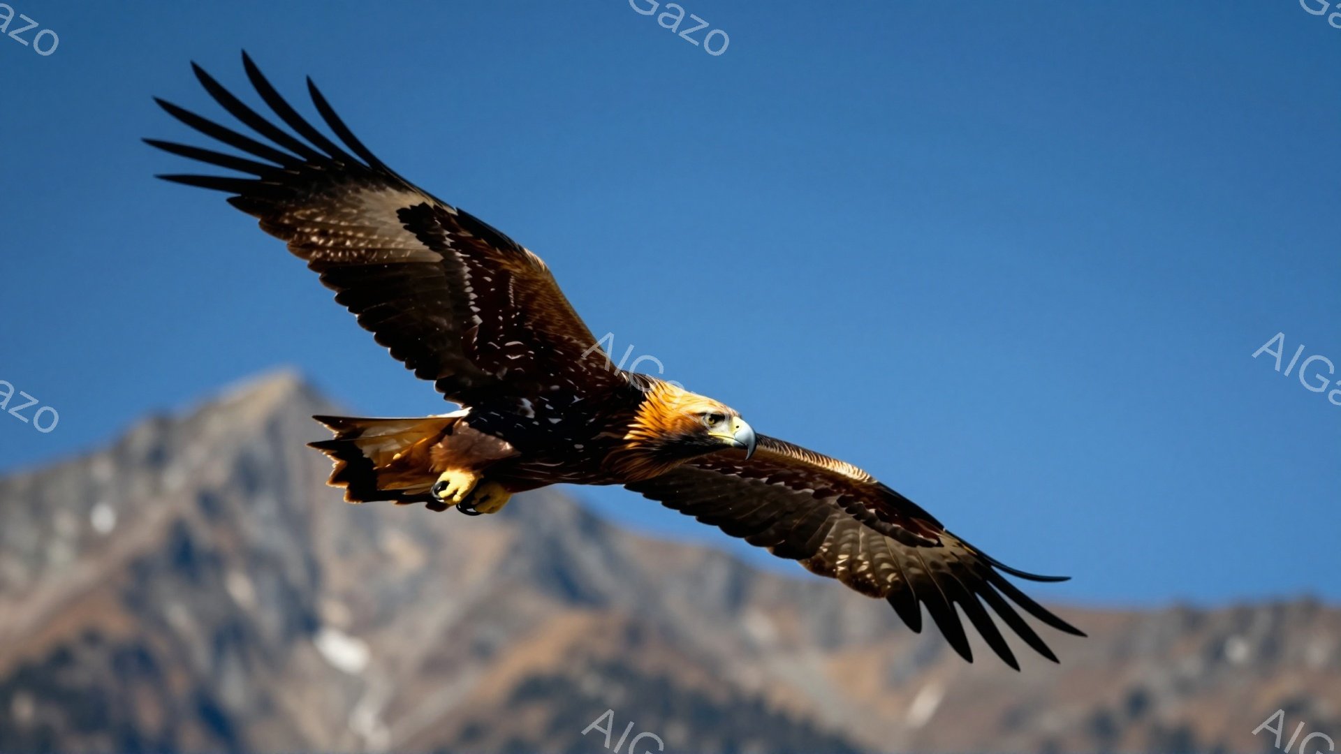 青空を背景に、翼を広げた巨大な猛禽類が描かれている。茶色と黒の羽毛が印象的で、鋭い眼差しは力強さを感じさせる。背景には雪を抱いた山々がそびえ立ち、大自然の厳しさと美しさが表現されている。