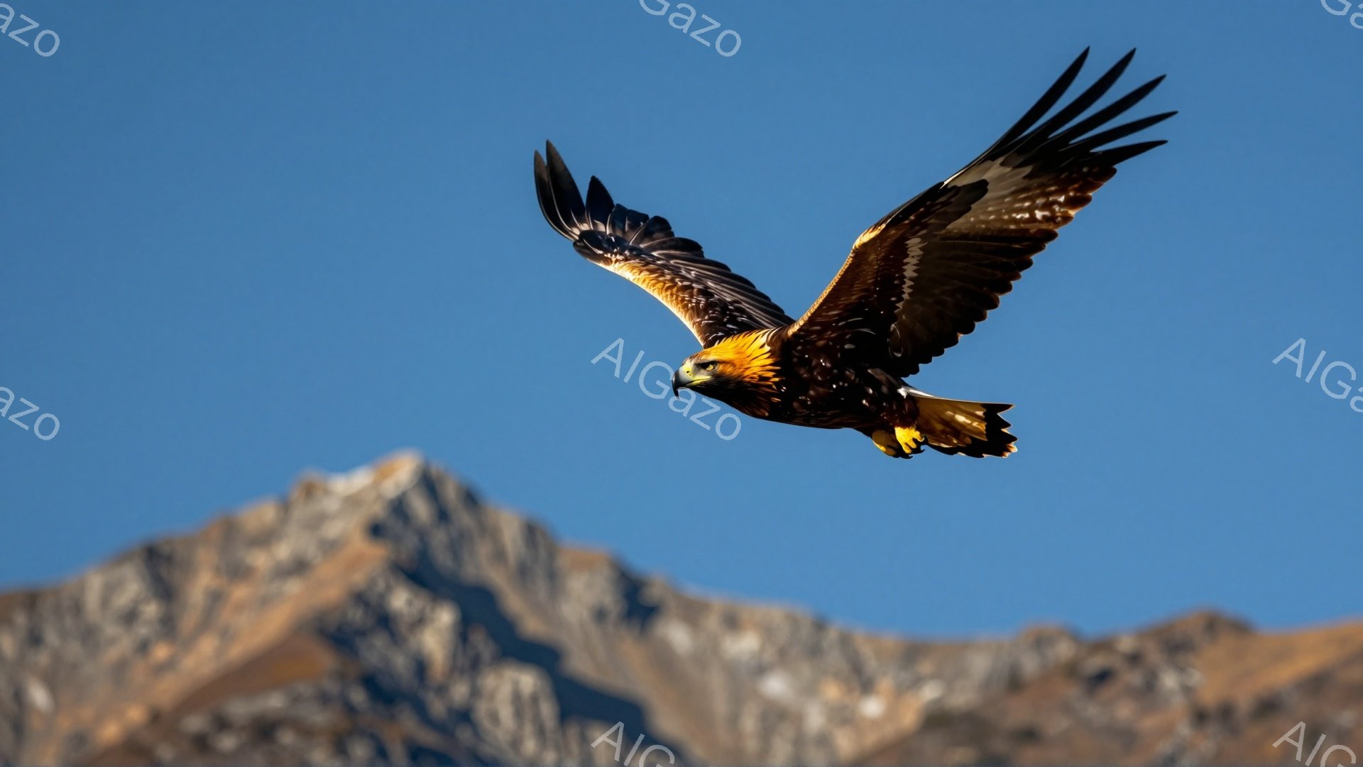 青空を背景に、翼を広げた猛禽類が力強く飛んでいる。背景には雪を抱いた山々がそびえ立ち、大自然の雄大さを感じさせる。鮮やかな青空と茶色の鳥とのコントラストが印象的だ。 - AI生成フリー素材