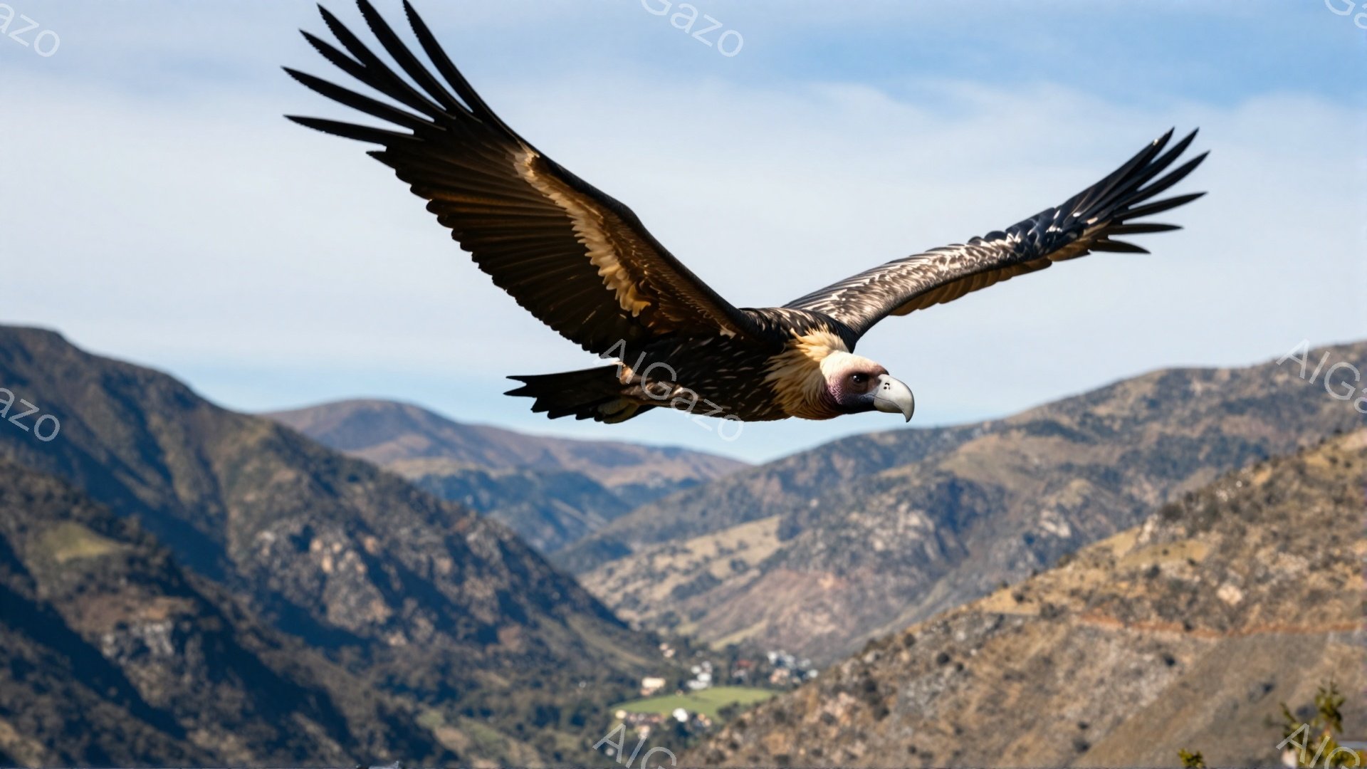 広大な山岳地帯を背景に、翼を広げたハゲワシが飛翔している。その翼は力強く、鮮やかな茶色と黒の模様が特徴的だ。空は青く、遠くには緑の丘と村が見える。