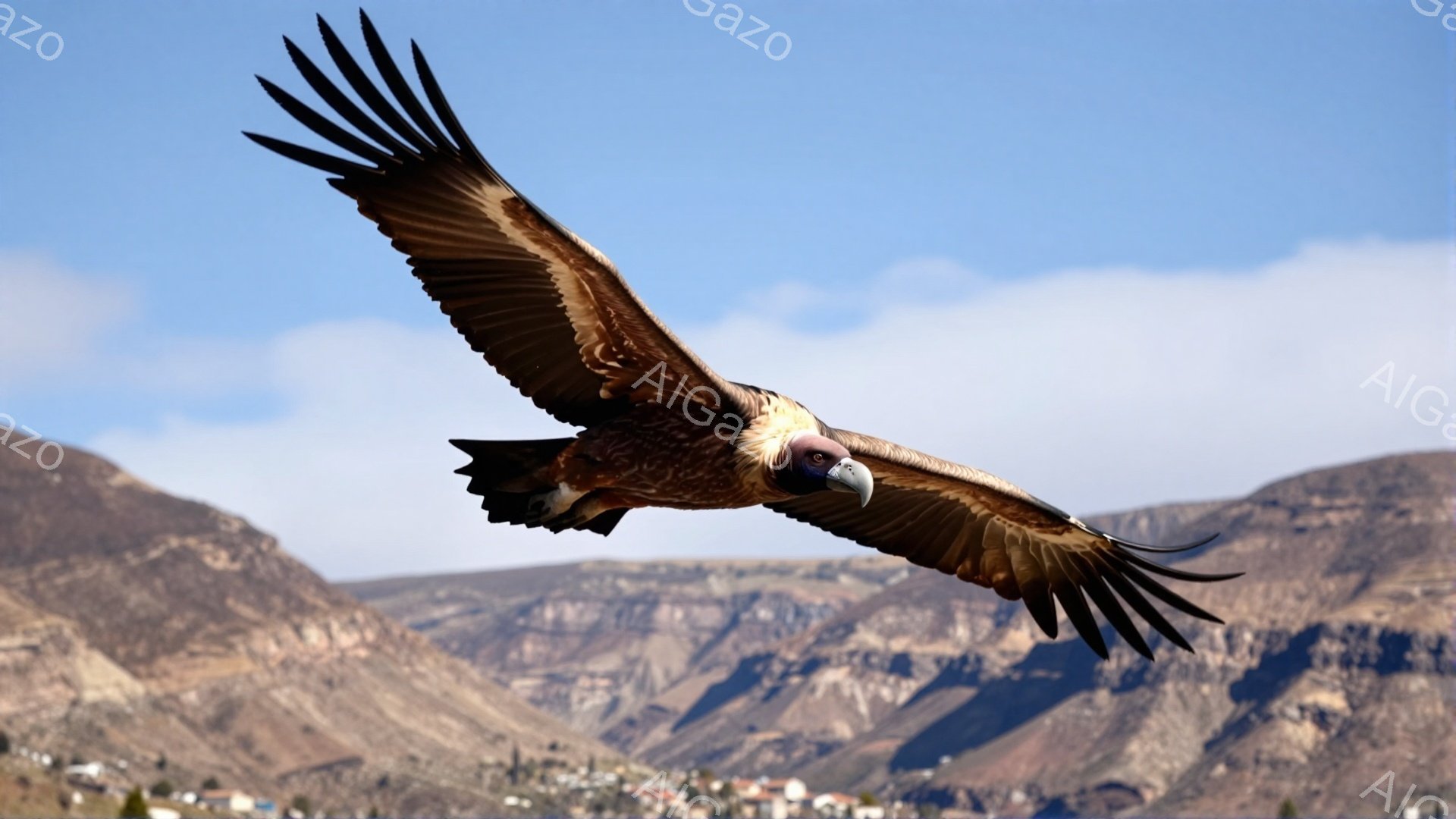 翼を広げたハゲワシが、山岳地帯の上空を力強く飛んでいる。背景には岩だらけの山々と、遠くに見える小さな集落が広がり、荒涼とした自然の風景が広がっている。太陽の光がハゲワシの羽に当たり、その力強さを際立たせている。