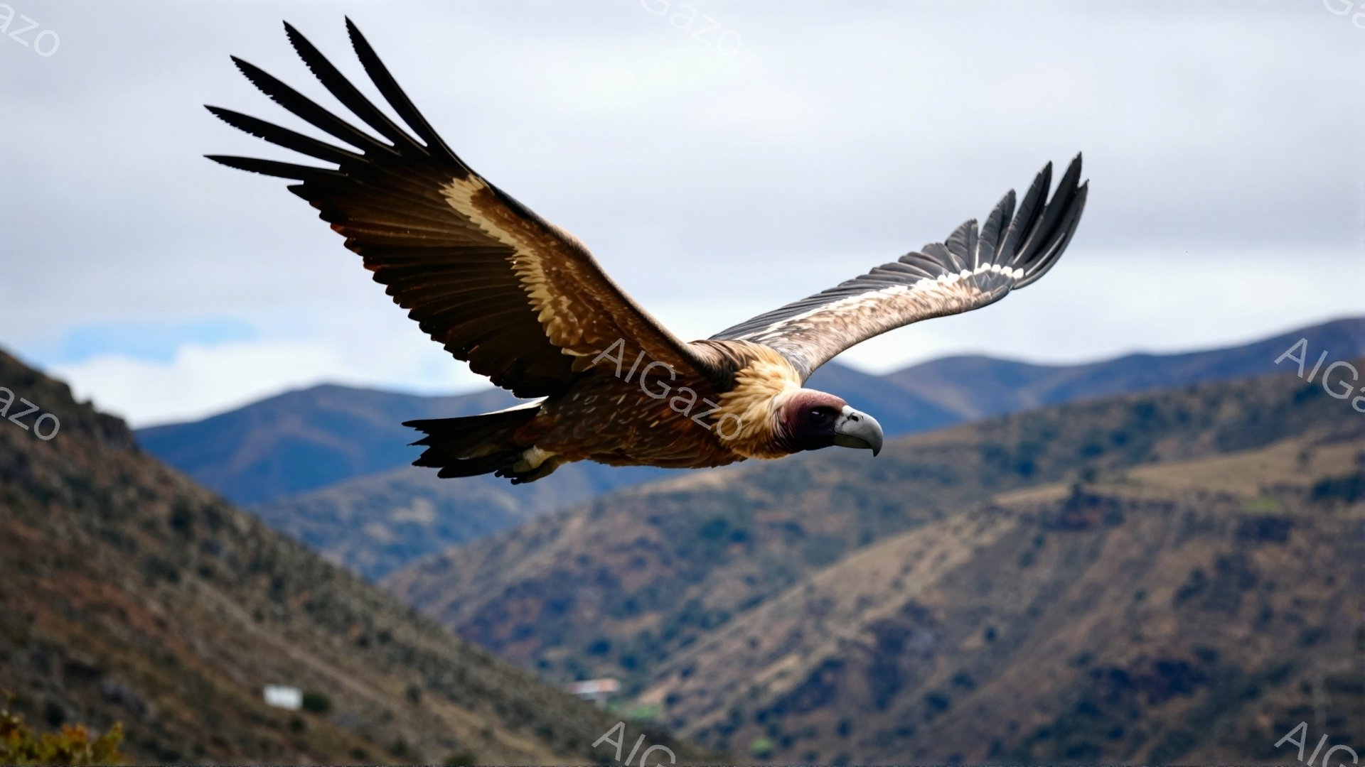 険しい山岳地帯を背景に、翼を広げたコンドルの姿が捉えられています。茶色と黒のコントラストが鮮やかで、空を舞う力強い姿が印象的です。背景の山々は霞んでおり、ダイナミックな空と相まって、自然の雄大さを感じ - AI生成フリー素材