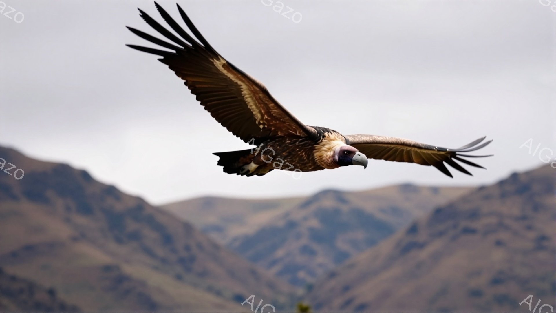 険しい山々を背景に、翼を大きく広げたハゲワシが飛び交っている。その羽は濃い茶色と黒のコントラストが強く、力強く空を舞う姿が印象的だ。背景の山々は霞んでおり、大自然の中に生きるハゲワシの孤高な雰囲気を醸 - AI生成フリー素材