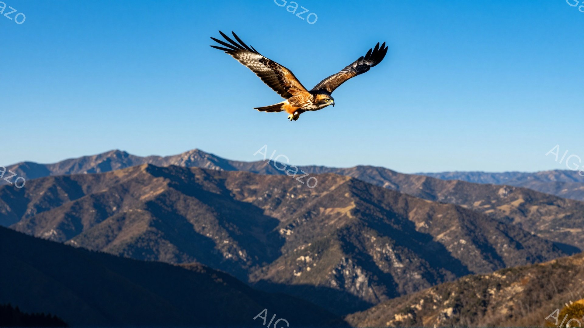 青空を背景に、鷹が翼を広げて飛んでいる姿が捉えられています。背後には、連なる山々が霞んで見え、雄大な自然を感じさせます。光の加減で山肌に陰影が生まれ、奥行きのある風景が広がっています。