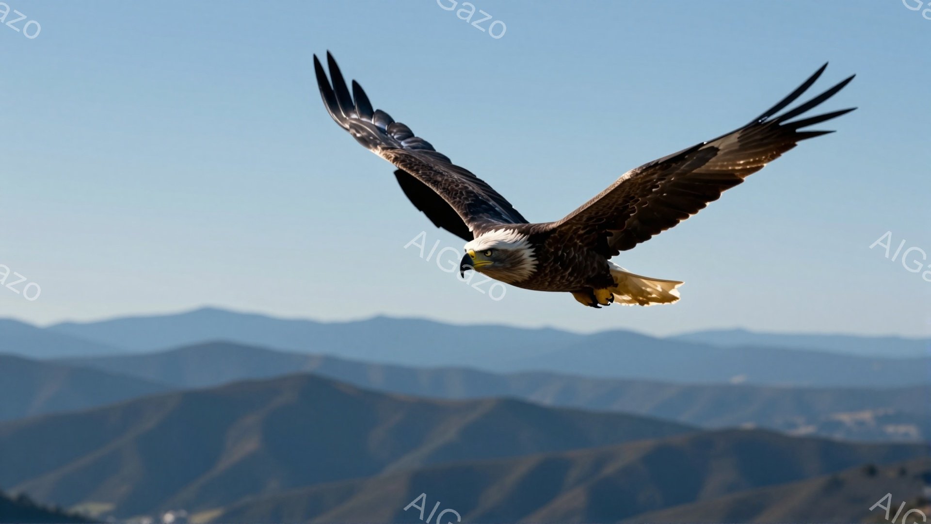雄大なハクトウワシが、青空の下を力強く舞っている。背景には、霞んだ山々が連なり、鳥の自由な飛翔と自然の壮大さを強調している。光の当たり方から、日中の穏やかな天候であることが伺える。