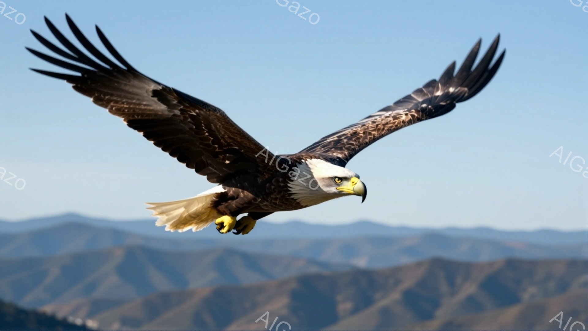 広大な山々の背景を前に、ハクトウワシが翼を広げて空を飛んでいる。鮮やかな青空と緑豊かな山々が、力強く飛ぶワシの姿を際立たせ、自由と自然の美しさを感じさせる。ワシの鋭い眼光と力強い爪が、その生き生きとした生命力を表現している。