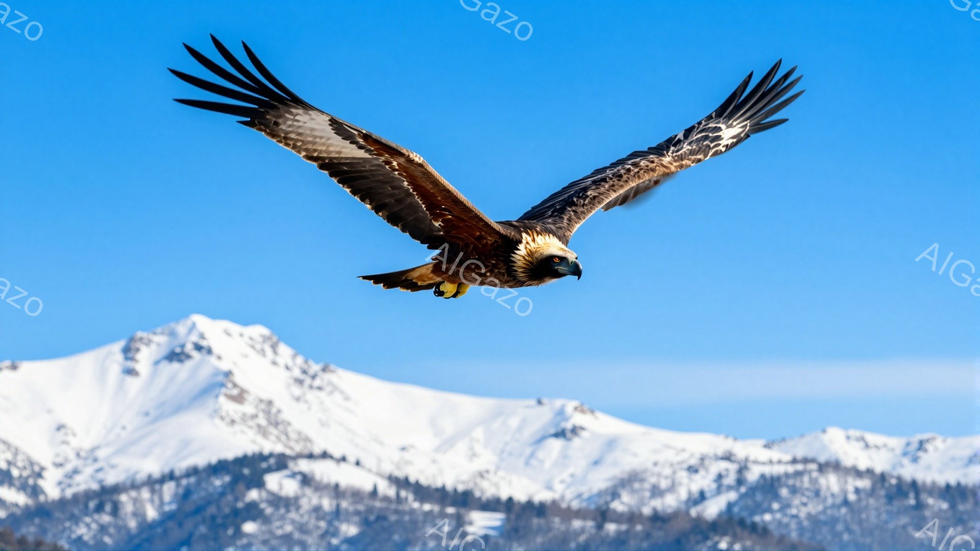 青空を背景に、翼を広げた猛禽類の姿が捉えられています。雪を頂いた山々が遠景に広がり、力強く飛翔する鳥とのコントラストが美しいです。鮮やかな青空と白い雪景色が、冬の凛とした雰囲気を醸し出しています。
