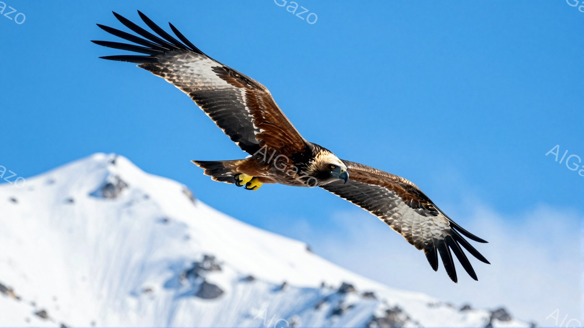 空高く舞い上がるワシが、雪山を背景に力強く飛んでいる。翼を大きく広げた姿は、自由と力強さを象徴している。青空とのコントラストが鮮やかで、自然の雄大さを感じさせる。