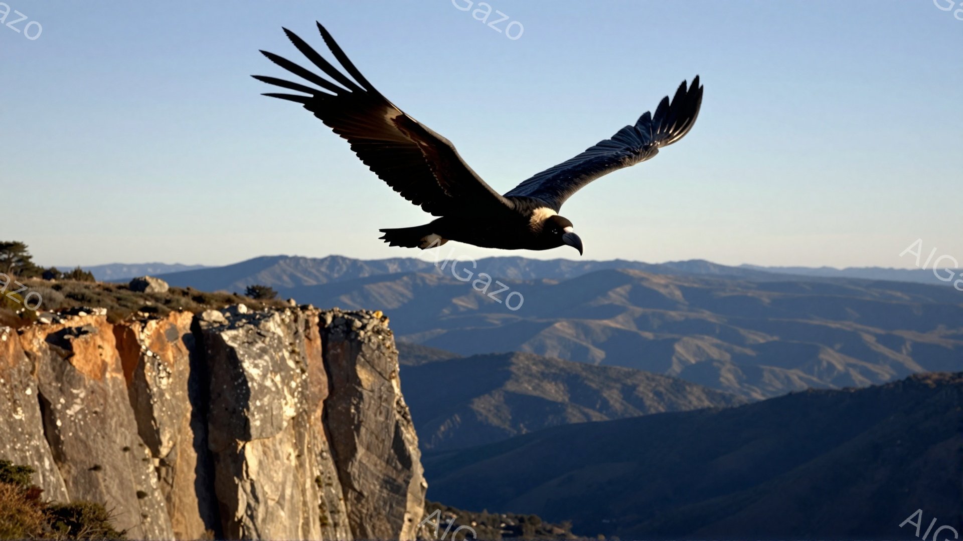 険しい崖の上を、翼を広げた大型の鳥が飛んでいる。背景には山々の連なりが見え、夕暮れ時の穏やかな光が風景を包み込んでいる。鳥の力強い羽ばたきと、自然の壮大さを感じさせる一枚だ。