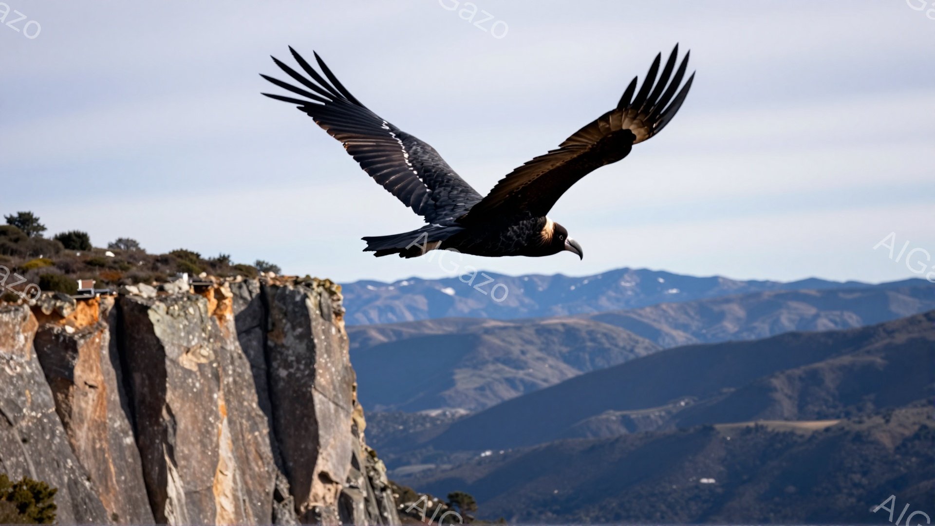 巨大な翼を広げた猛禽類が岩場の上空を舞っている。背景には連なる山々が霞んでおり、自然の壮大さを感じさせる。空は晴れ、穏やかな雰囲気の中で鳥は力強く飛んでいる。