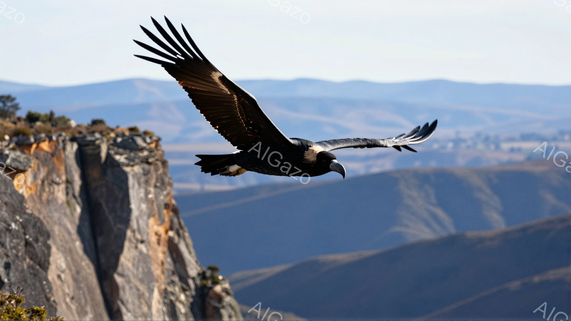 険しい崖の上に、巨大なハゲワシが翼を広げて空を飛んでいる。背景には、霞んだ山々が連なり、荒涼とした風景が広がっている。力強い翼と鋭い眼光が印象的で、野生の自然を感じさせる一枚だ。 - AI生成フリー素材