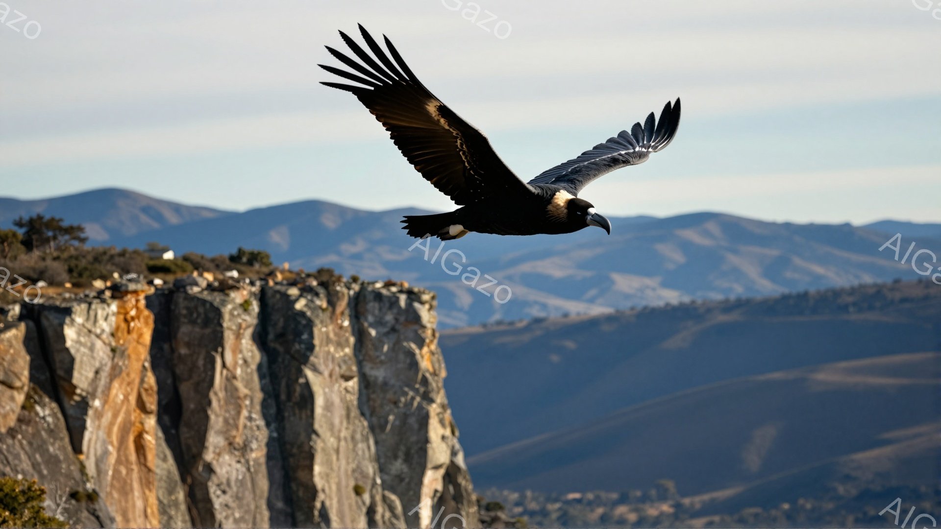 岩場を背景に、翼を広げたハゲワシが空を飛んでいる。遠くには霞んだ山々が連なり、厳しい自然の風景が広がっている。力強い翼の描写と、荒涼とした背景が印象的だ。
