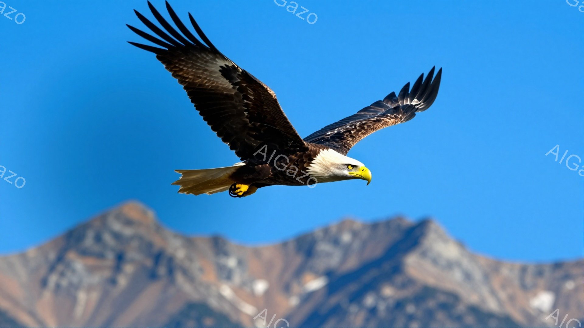 青空を背景に、翼を広げて飛ぶアメリカワシが印象的です。山々の稜線が遠くに見え、ワシの力強い姿と雄大な自然が調和しています。光と影のコントラストが、ワシの羽の質感と立体感を際立たせています。