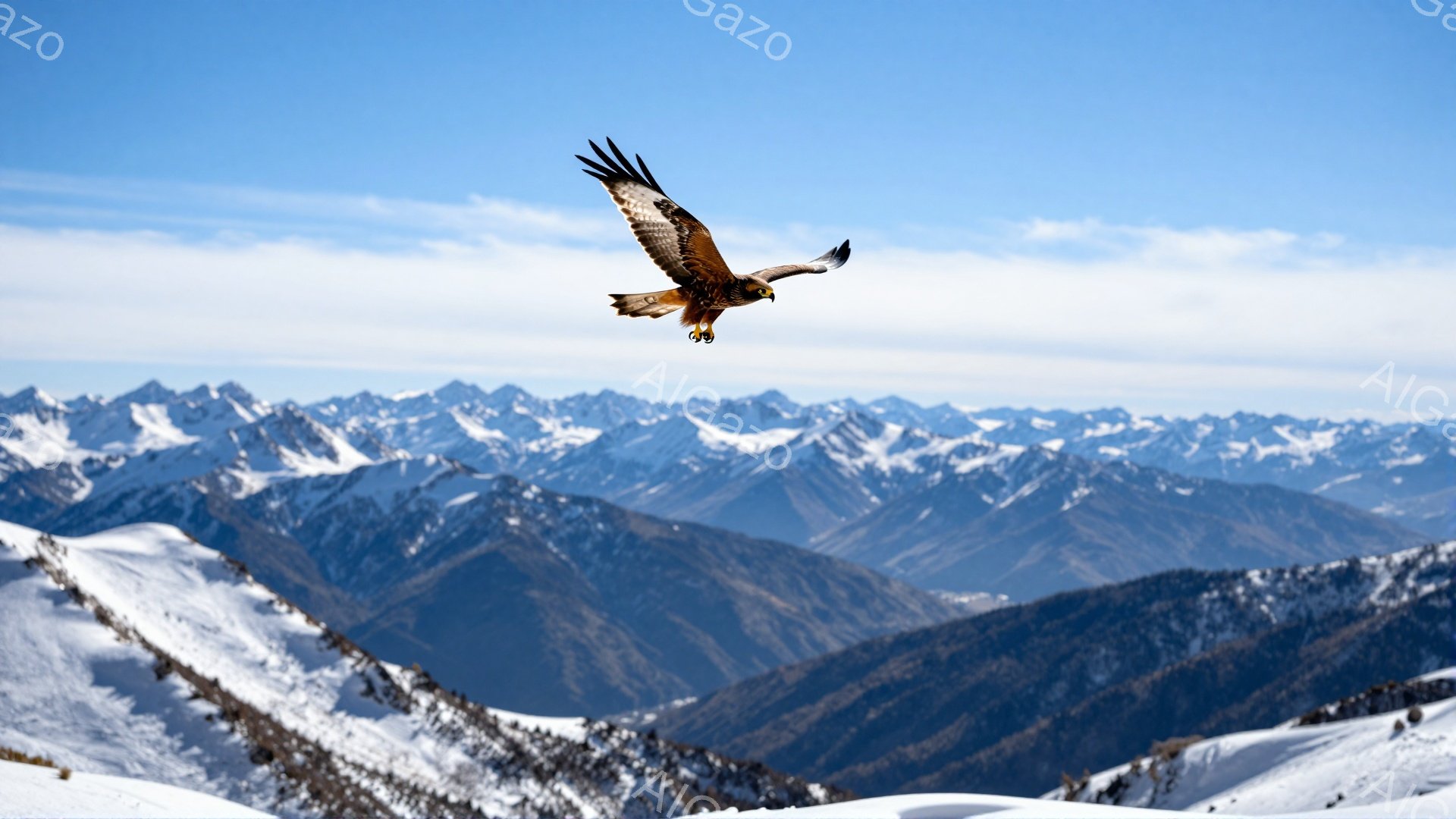 険しい山々の連なりを背景に、猛禽類が力強く羽ばたいている。雪を抱いた山々は白と青のコントラストが美しく、空は澄み切っている。大自然の雄大さと生命の力強さが感じられる。