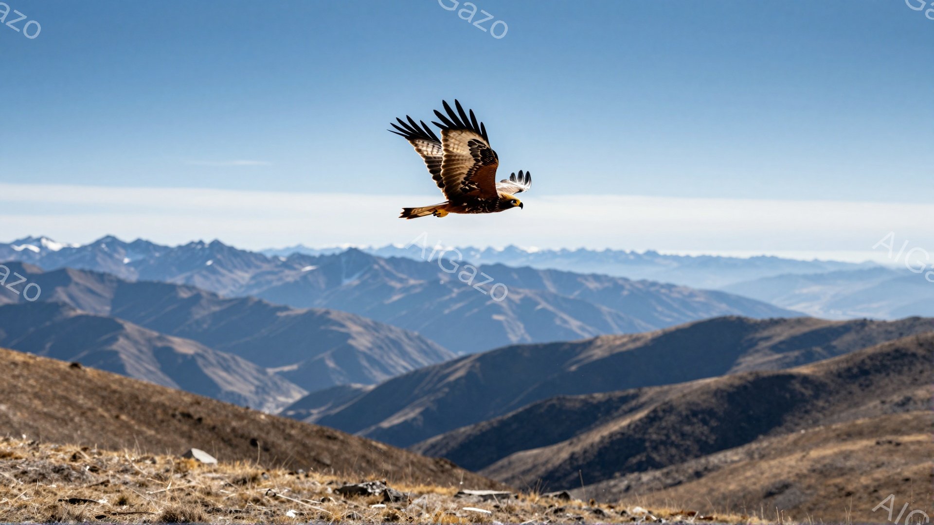 岩だらけの山の風景を背景に、大きな鳥が翼を広げて空を飛んでいる。山の稜線は遠くに見え、青い空と霞んだ山々に広がる美しいパノラマを作り出している。鳥の力強い飛行と自然の壮大さが、力強く美しい瞬間を捉えている。