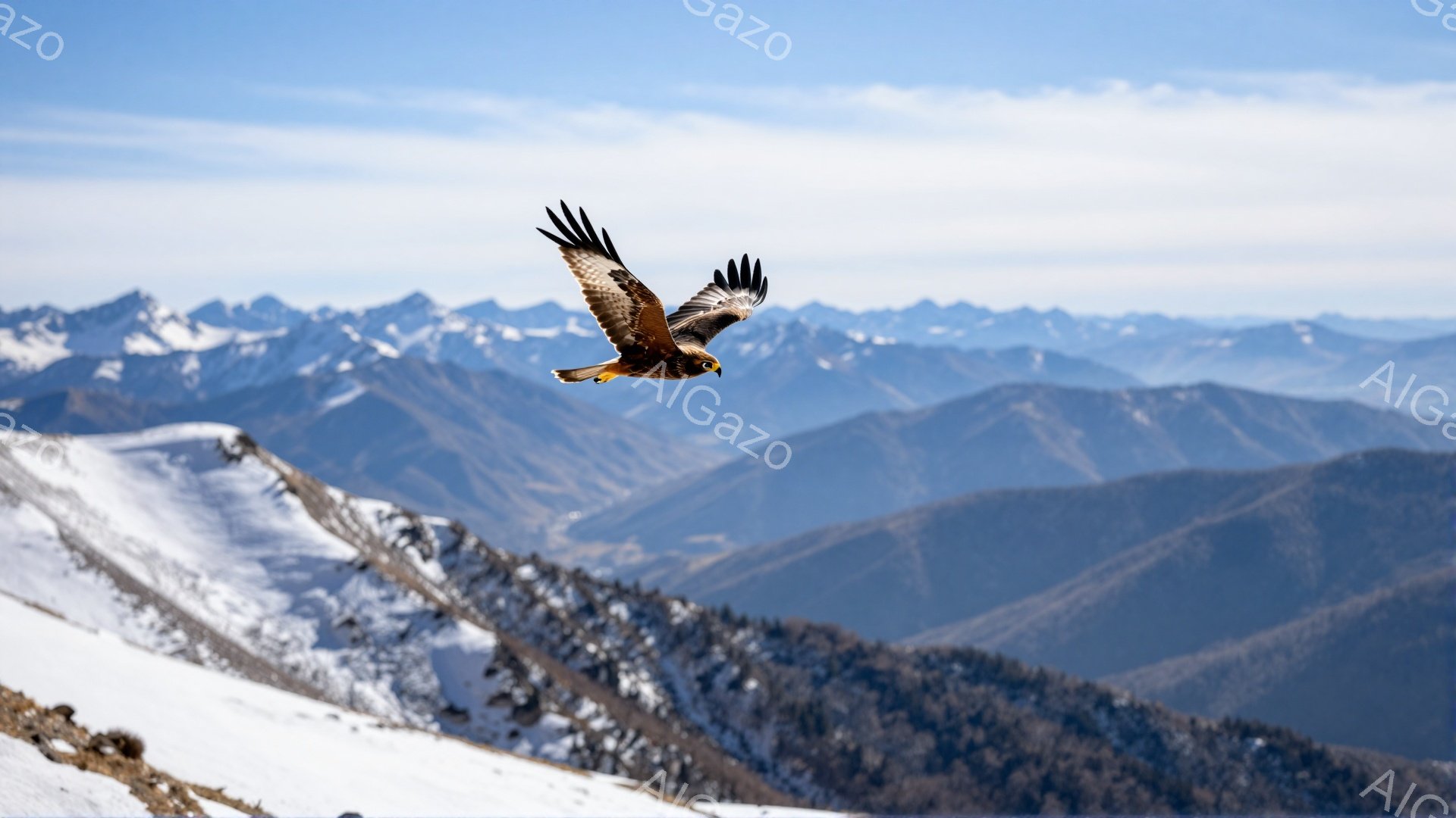 雪を抱く山々の空を、一羽の鳥が力強く羽ばたいている。背景には連なる山々が霞んで見え、冬の澄んだ空気を感じさせる。鳥のシルエットと白い雪のコントラストが美しい、壮大な自然の風景だ。
