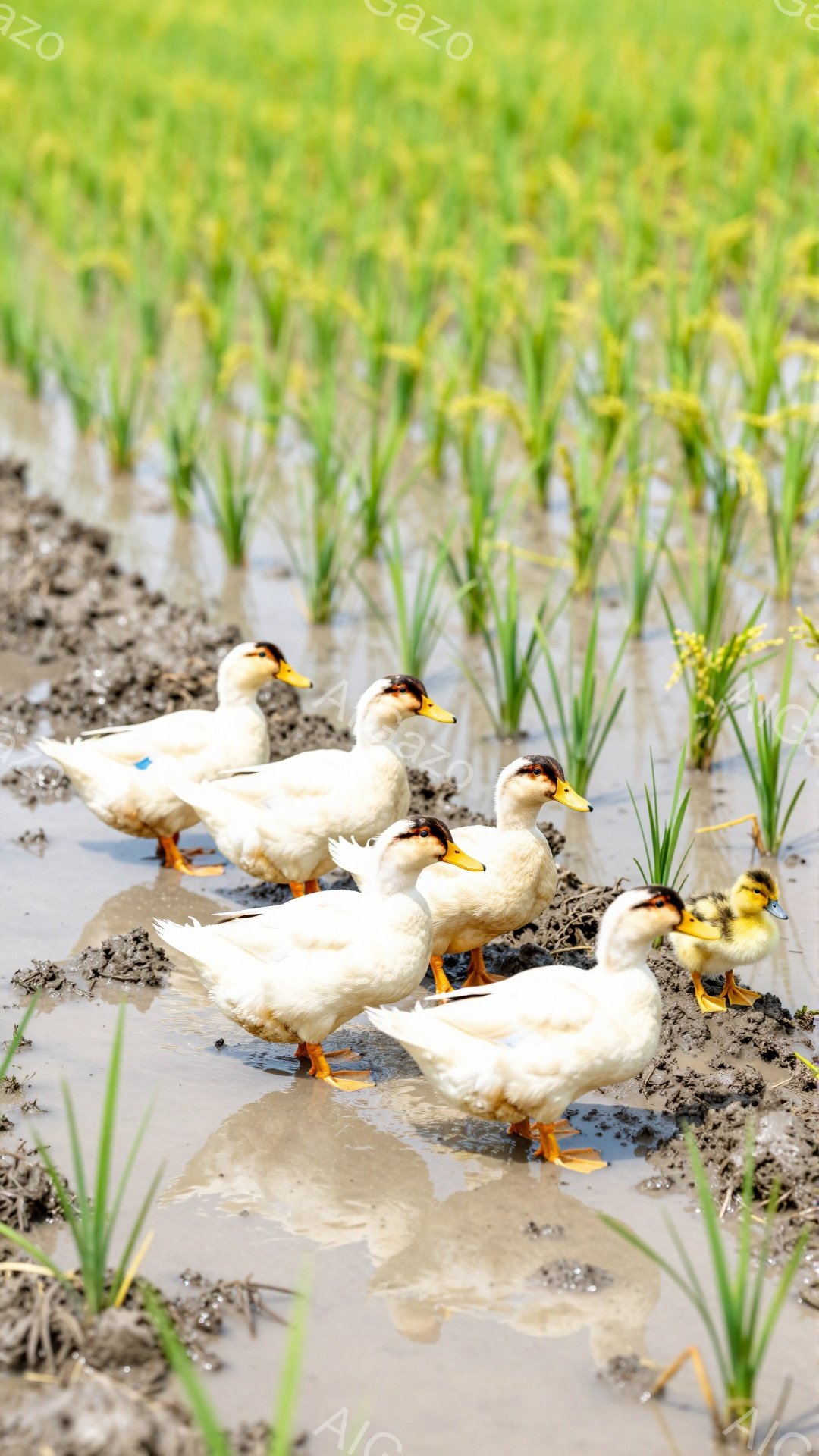 泥田の中で、白くてふわふわのヒナたちが列になって歩いている。背景には緑色の稲が茂り、水面に反射して明るい光が満ちている。のどかな田園風景の中に、幼い命の息吹を感じさせる一枚だ。
